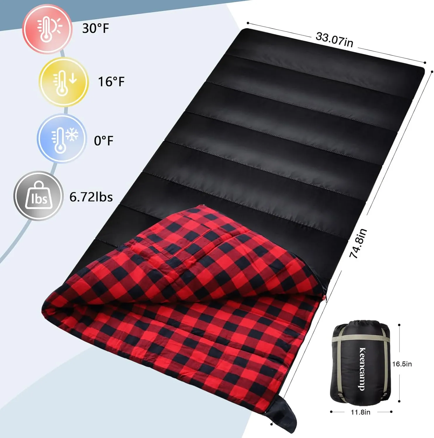 0 Degree Sleeping Bag Cotton Flannel Winter Cold Weather for Adults XXL Sleeping Bag 4 Season Big and Tall with Pillow Compression Sack