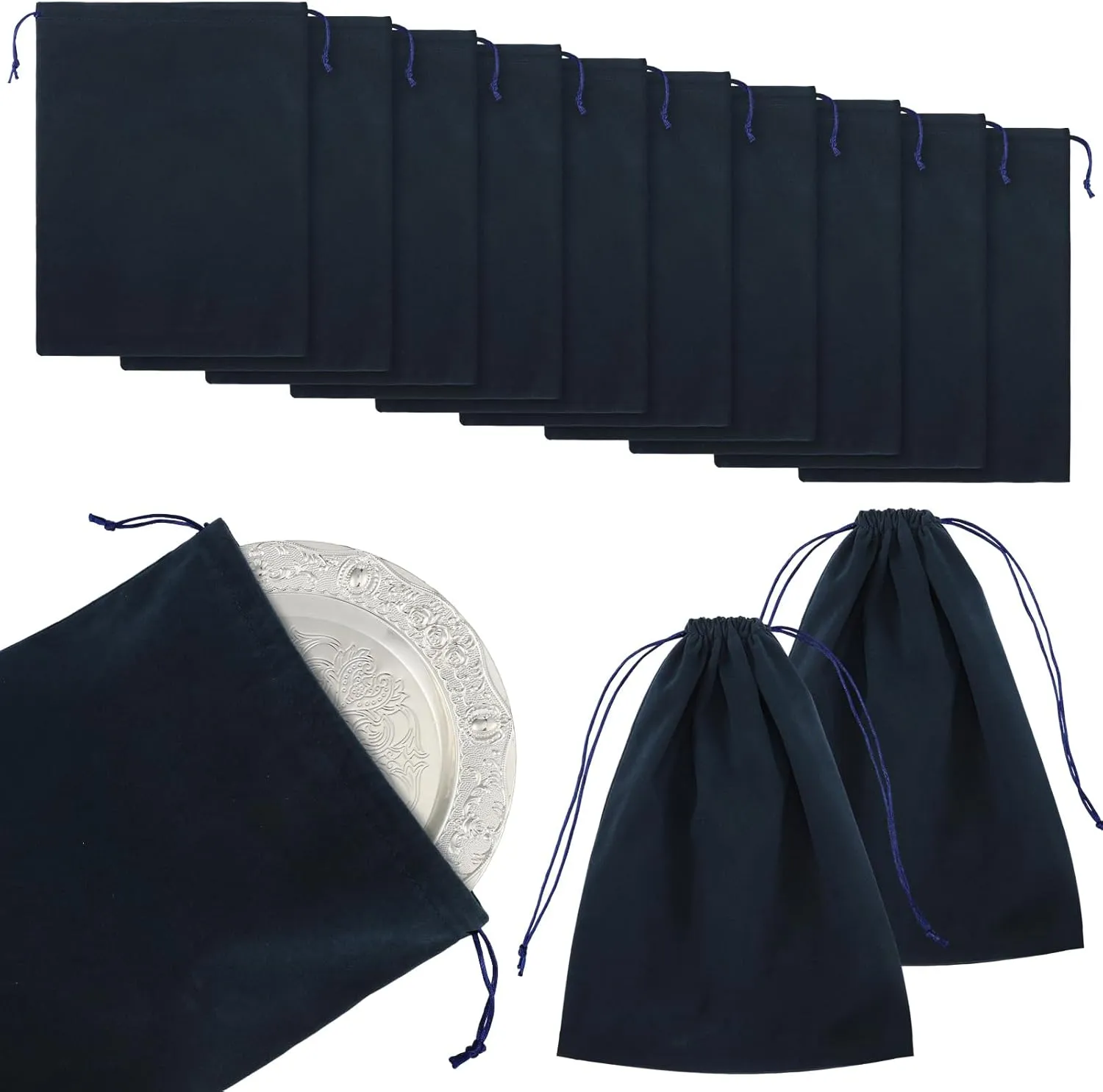 10 Pcs Silver Storage Bags, 9 x 11.8 Inch Fabric Cloth Anti Tarnish Bags for Silver Jewelry Silverware Protection Flatware Silverplate Tarnish Cleaning(Navy Blue)
