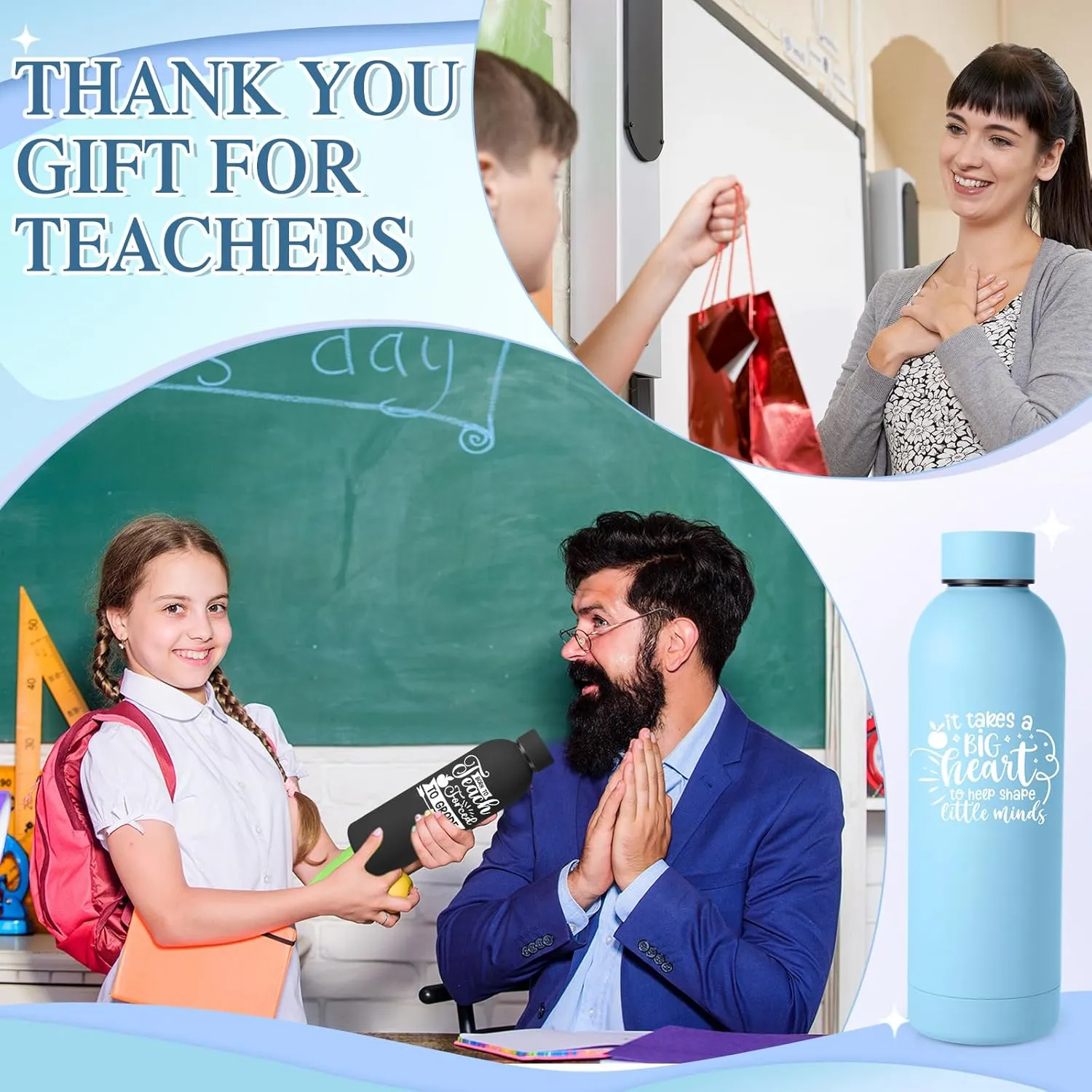 10 Pcs Teacher Appreciation Gifts Bulk Thank You Gift for Women from Students 17 oz Stainless Steel Frosted Water Bottle Inspirational Tumbler Bottle for Teacher Week Graduation(Artistic)