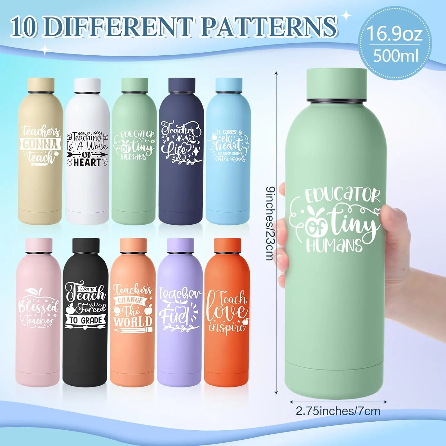 10 Pcs Teacher Appreciation Gifts Bulk Thank You Gift for Women from Students 17 oz Stainless Steel Frosted Water Bottle Inspirational Tumbler Bottle for Teacher Week Graduation(Artistic)
