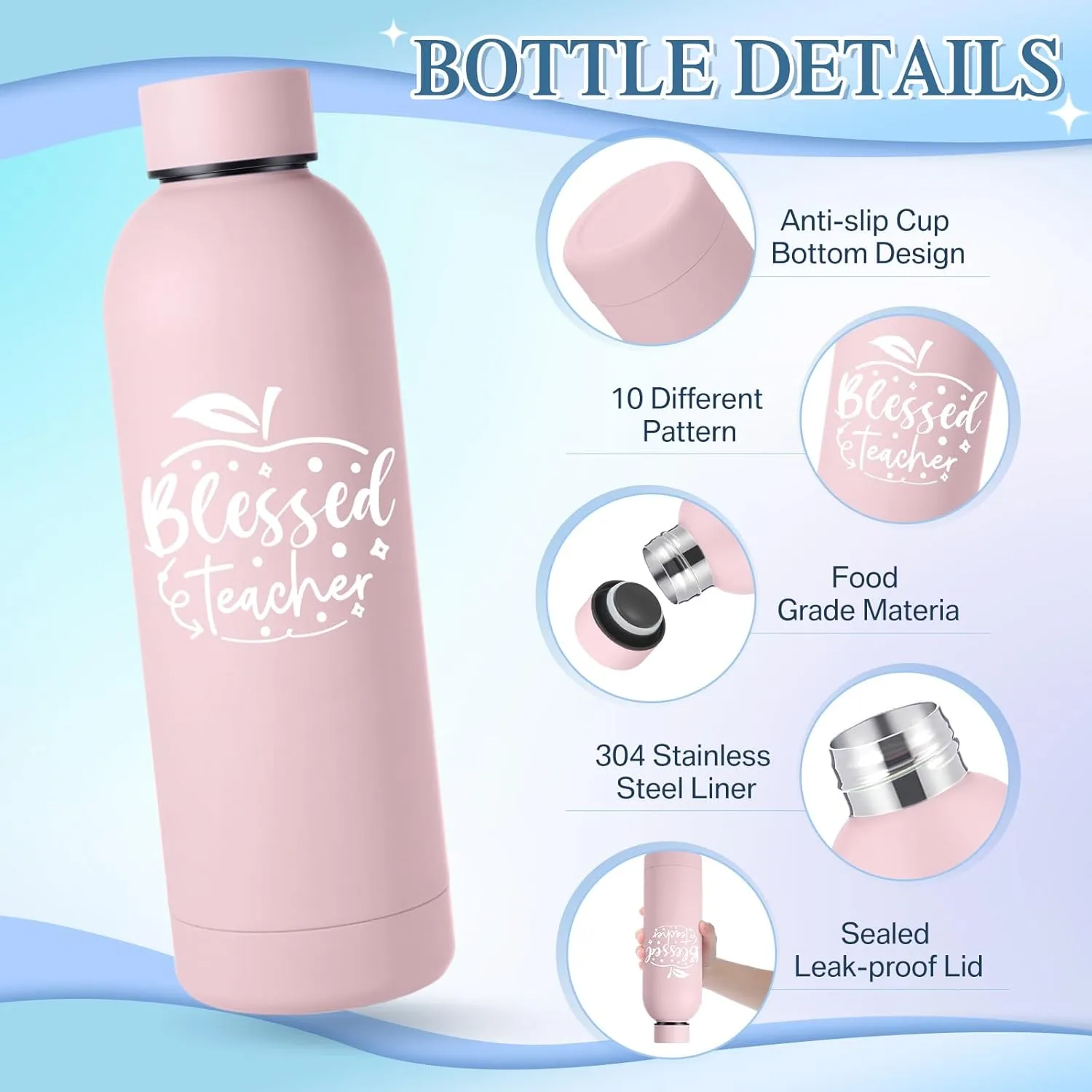 10 Pcs Teacher Appreciation Gifts Bulk Thank You Gift for Women from Students 17 oz Stainless Steel Frosted Water Bottle Inspirational Tumbler Bottle for Teacher Week Graduation(Artistic)