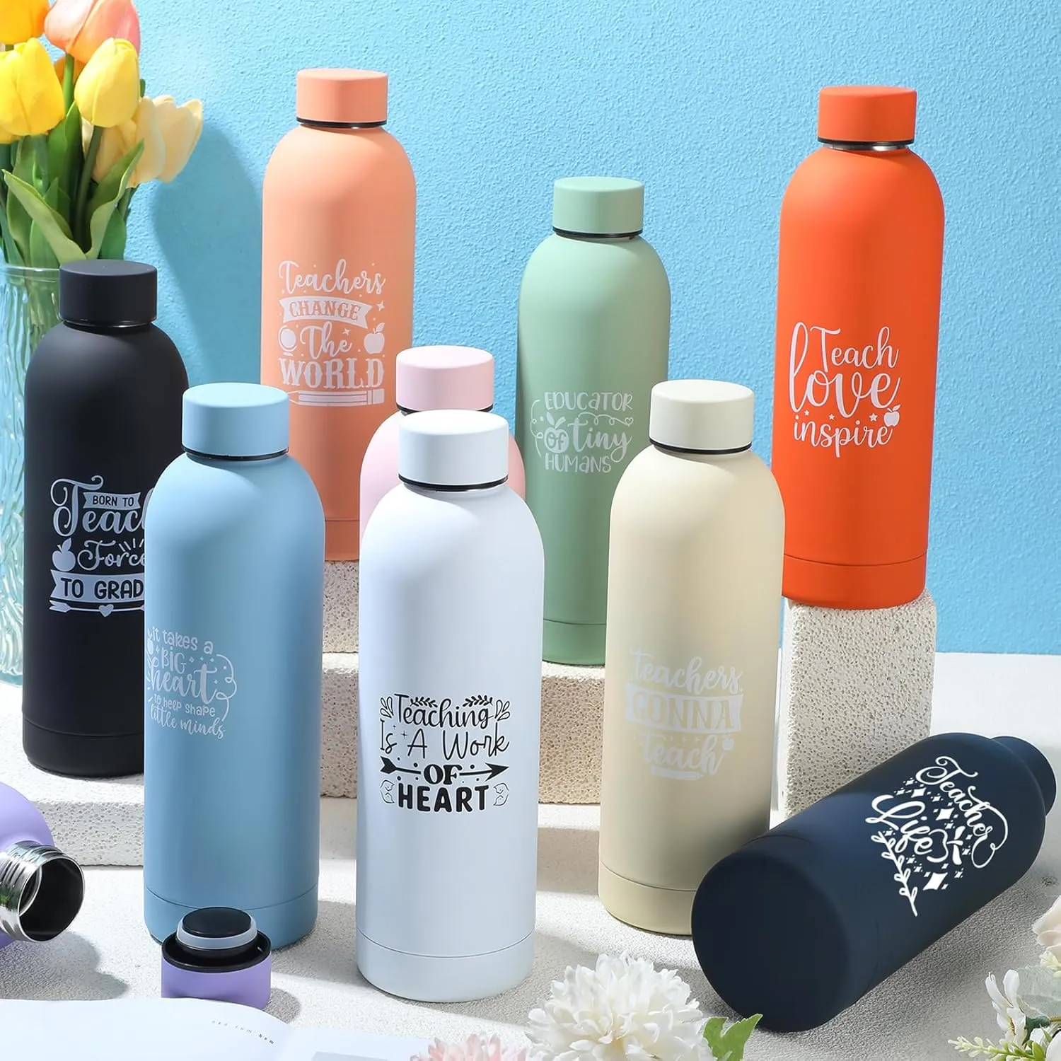 10 Pcs Teacher Appreciation Gifts Bulk Thank You Gift for Women from Students 17 oz Stainless Steel Frosted Water Bottle Inspirational Tumbler Bottle for Teacher Week Graduation(Artistic)