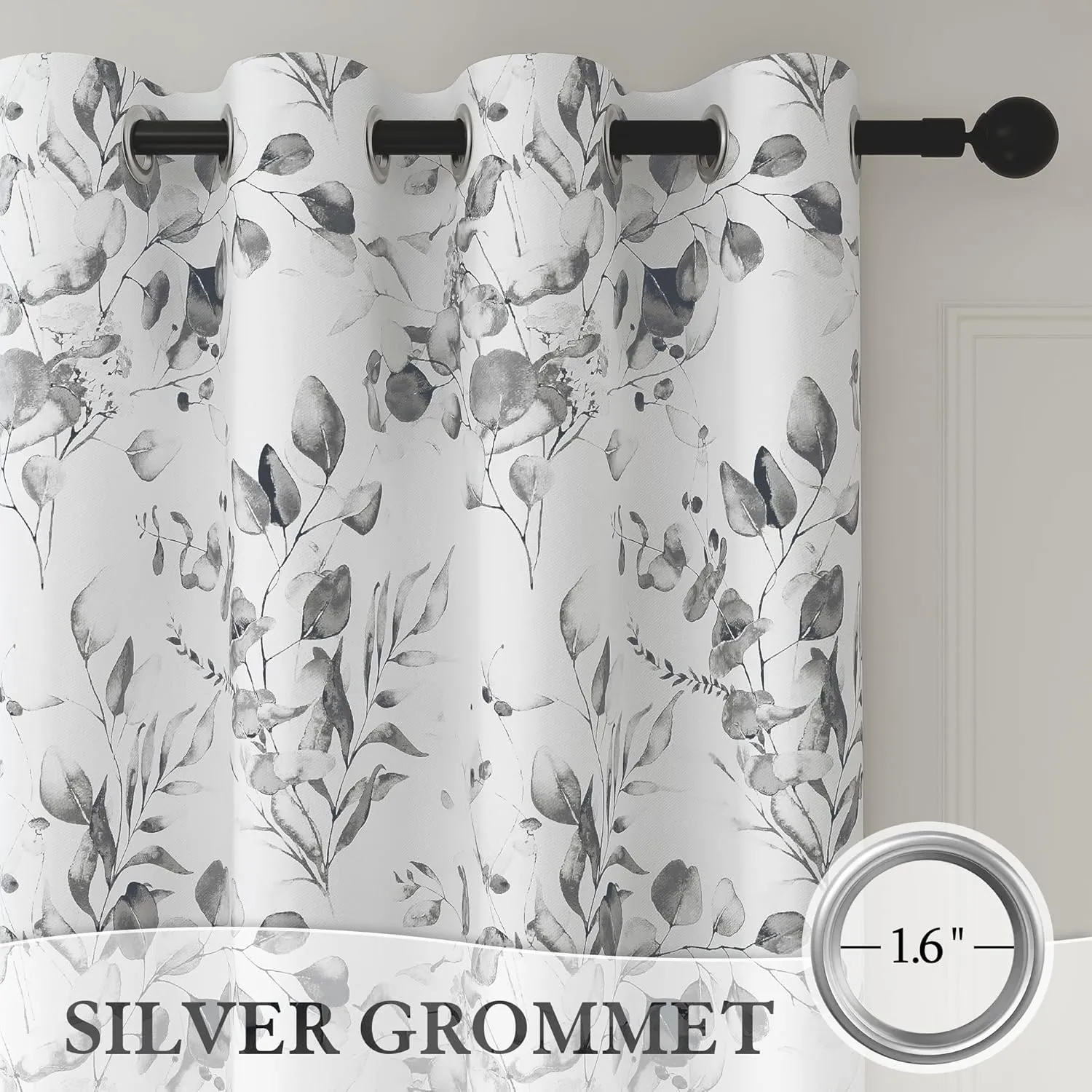 100% Blackout Floral Curtains for Bedroom, Grey Floral Patterned Curtains 63 Inches Long Living Room Darkening Thermal Insulated Window Curtains Leaf Printed Drapes, Grommet Curtains 2 Panels