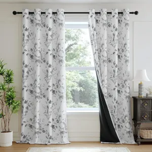 100% Blackout Floral Curtains for Bedroom, Grey Floral Patterned Curtains 63 Inches Long Living Room Darkening Thermal Insulated Window Curtains Leaf Printed Drapes, Grommet Curtains 2 Panels