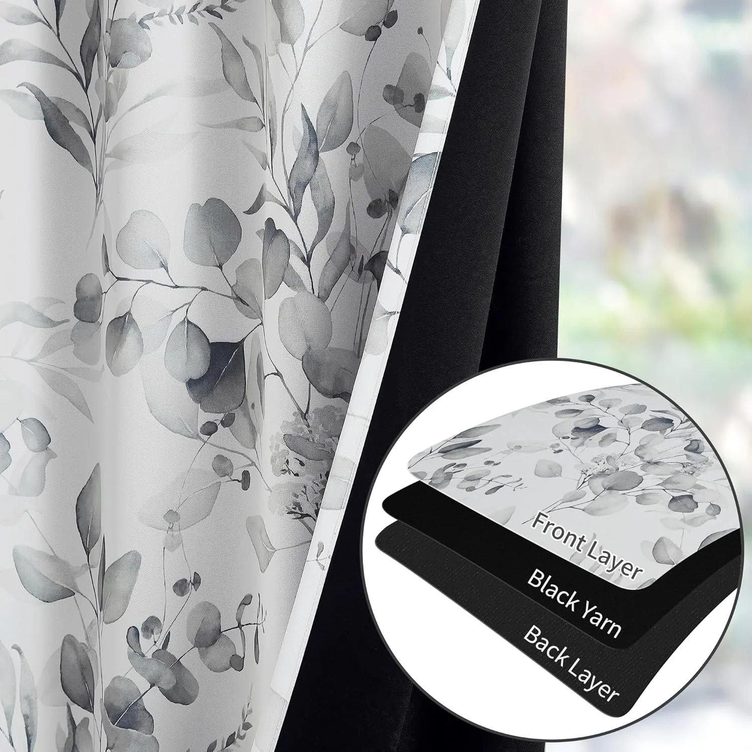 100% Blackout Floral Curtains for Bedroom, Grey Floral Patterned Curtains 63 Inches Long Living Room Darkening Thermal Insulated Window Curtains Leaf Printed Drapes, Grommet Curtains 2 Panels