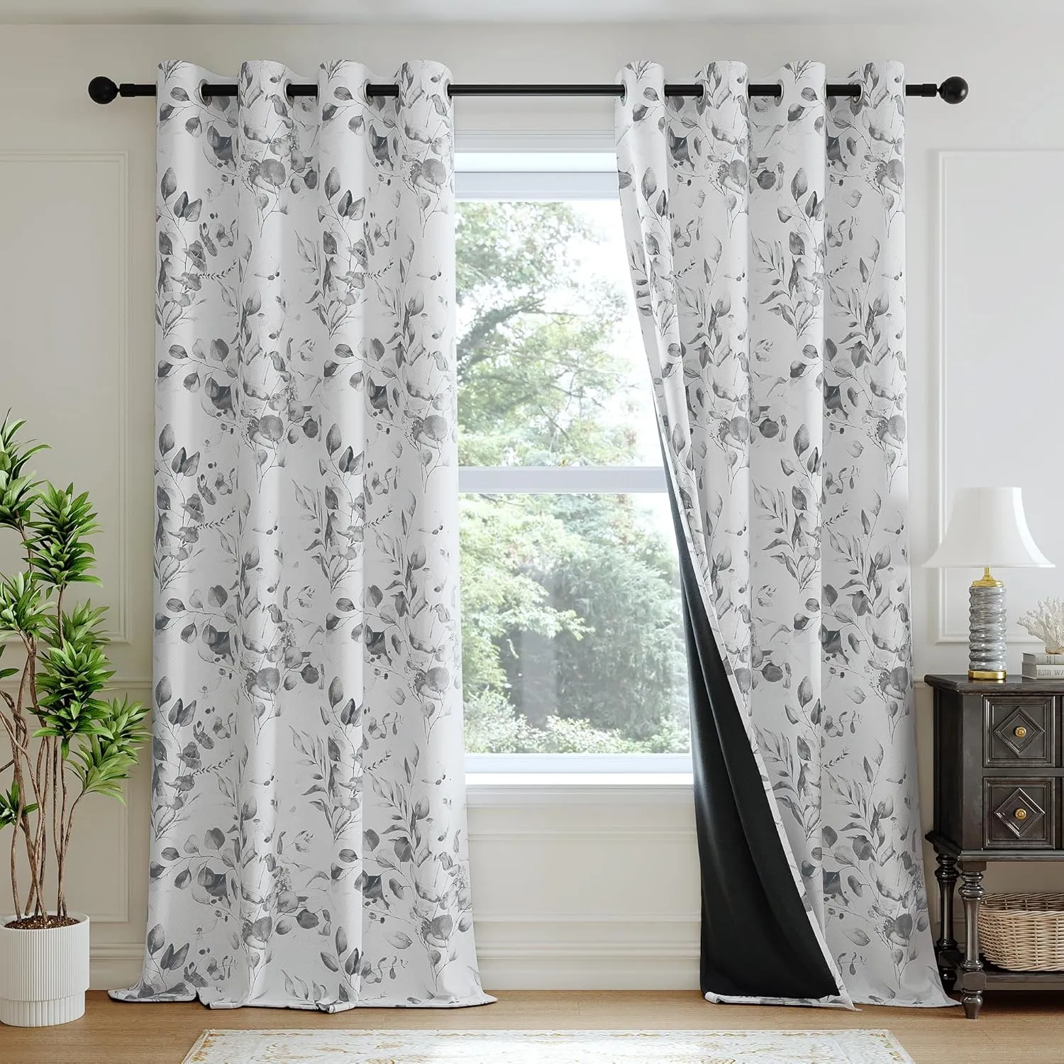100% Blackout Floral Curtains for Bedroom, Grey Floral Patterned Curtains 63 Inches Long Living Room Darkening Thermal Insulated Window Curtains Leaf Printed Drapes, Grommet Curtains 2 Panels