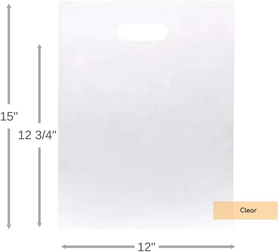 100 Clear Handle Bags 12x15, Extra Thick 2.25 Mil Retail Plastic Shopping Merchandise Gift Bags Tear Resistant Strong Durable Anti Stretch For Small Business LDPE Die Cut, ClearBags, 100% Recyclable