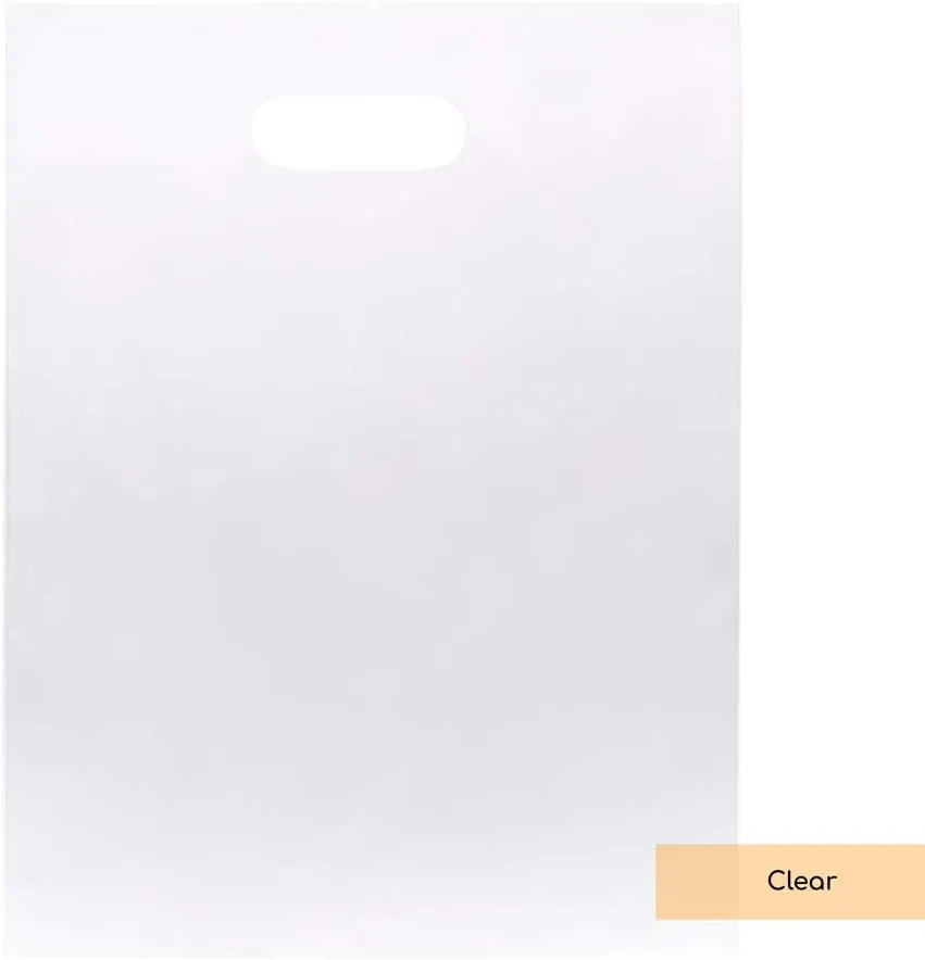 100 Clear Handle Bags 12x15, Extra Thick 2.25 Mil Retail Plastic Shopping Merchandise Gift Bags Tear Resistant Strong Durable Anti Stretch For Small Business LDPE Die Cut, ClearBags, 100% Recyclable