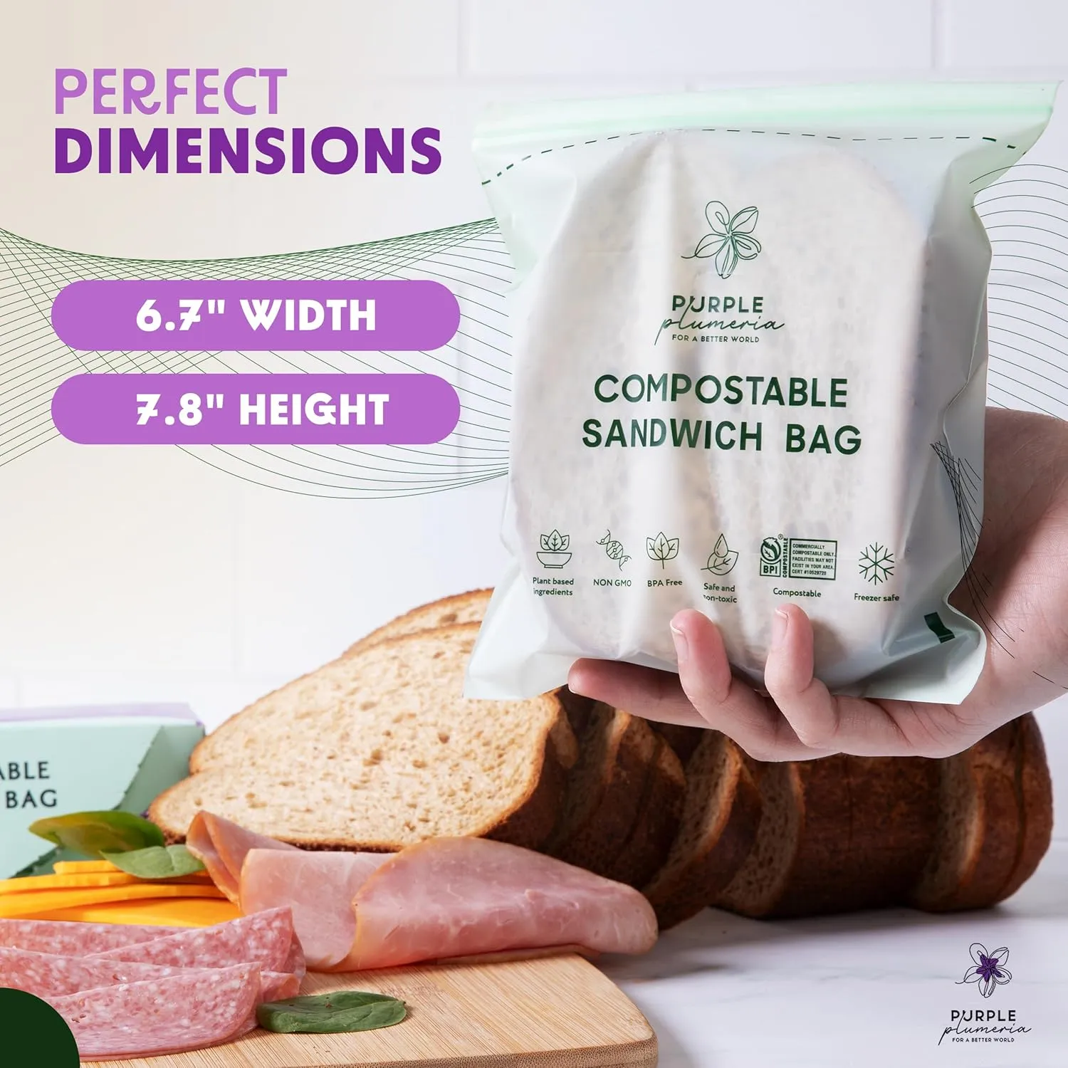 100% Compostable Resealable Food Storage Bags – Biobased, Leak-Proof, Freezer-Safe – Extra Strong & Durable – Available in Gallon, Snack & Sandwich Sizes (Sandwich)