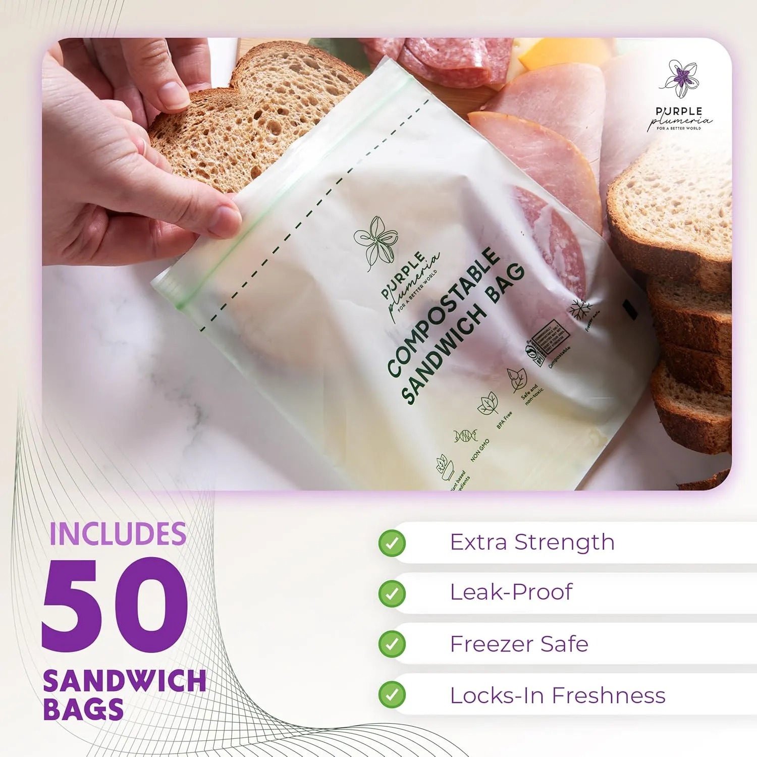 100% Compostable Resealable Food Storage Bags – Biobased, Leak-Proof, Freezer-Safe – Extra Strong & Durable – Available in Gallon, Snack & Sandwich Sizes (Sandwich)