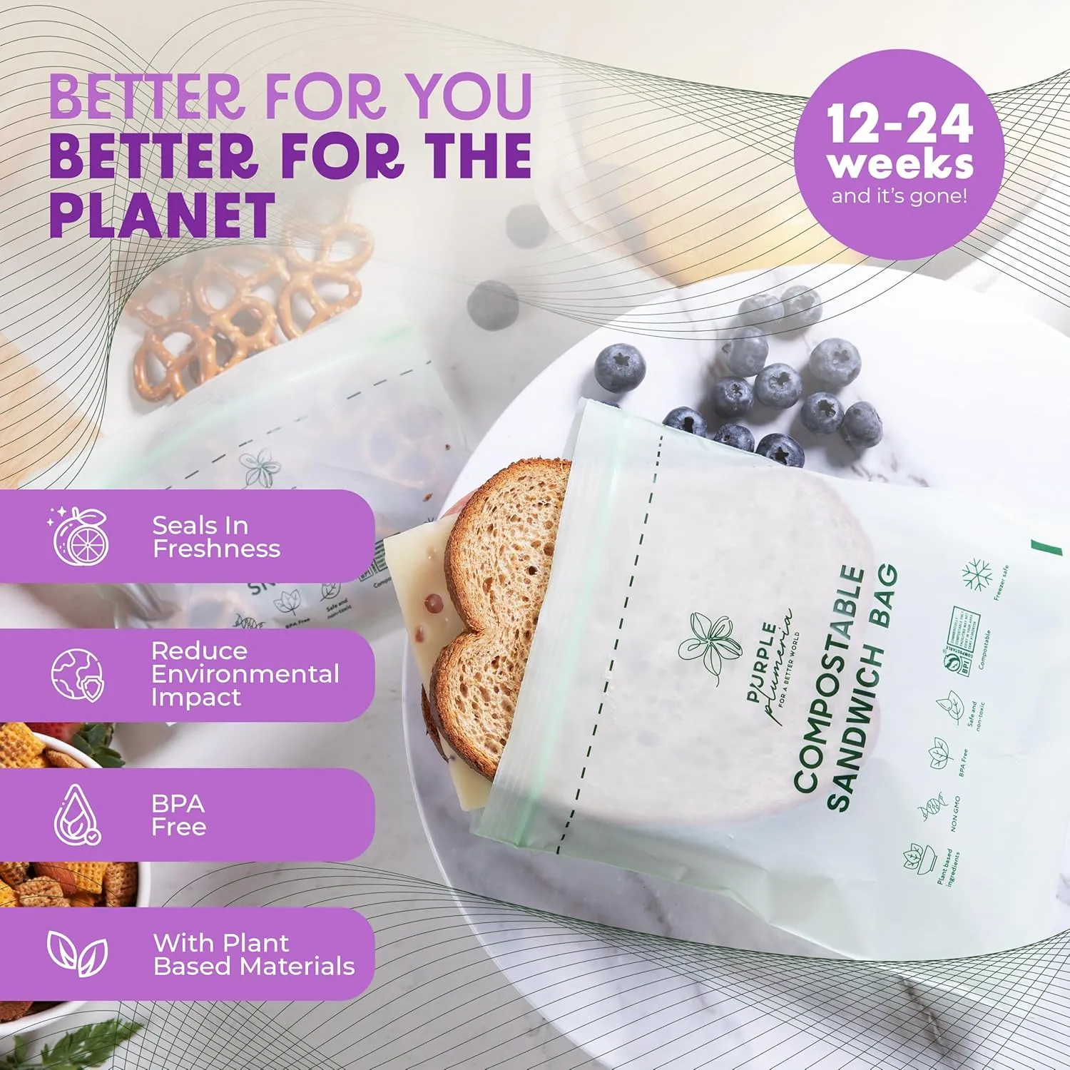 100% Compostable Resealable Food Storage Bags – Biobased, Leak-Proof, Freezer-Safe – Extra Strong & Durable – Available in Gallon, Snack & Sandwich Sizes (Sandwich)