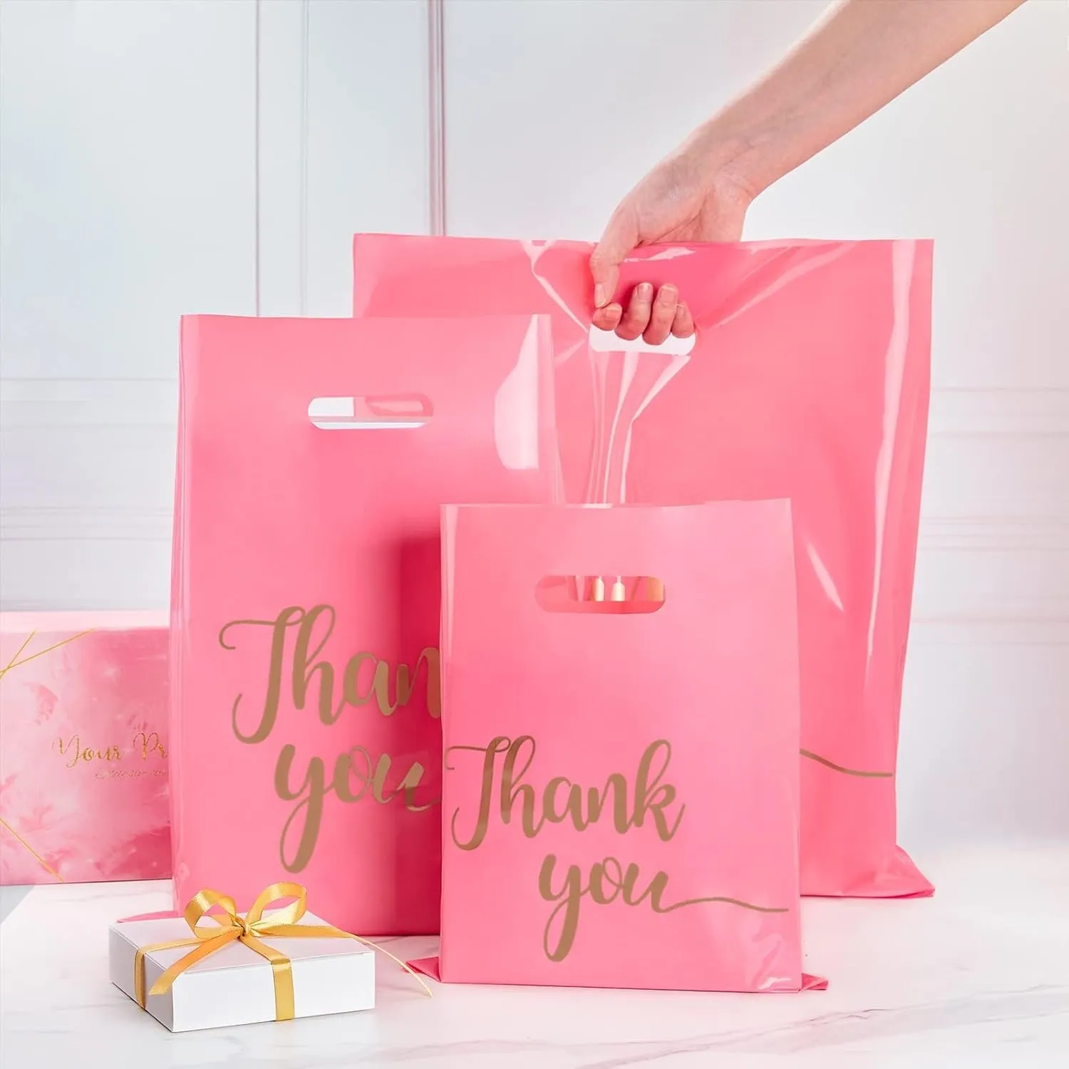 100 Pack Thank You Bags for Small Business, 15 x 18 Inch Plastic Shopping Bags with Handles Retail Merchandise Bag Extra Thick Gift Bag Bulk (Pink)