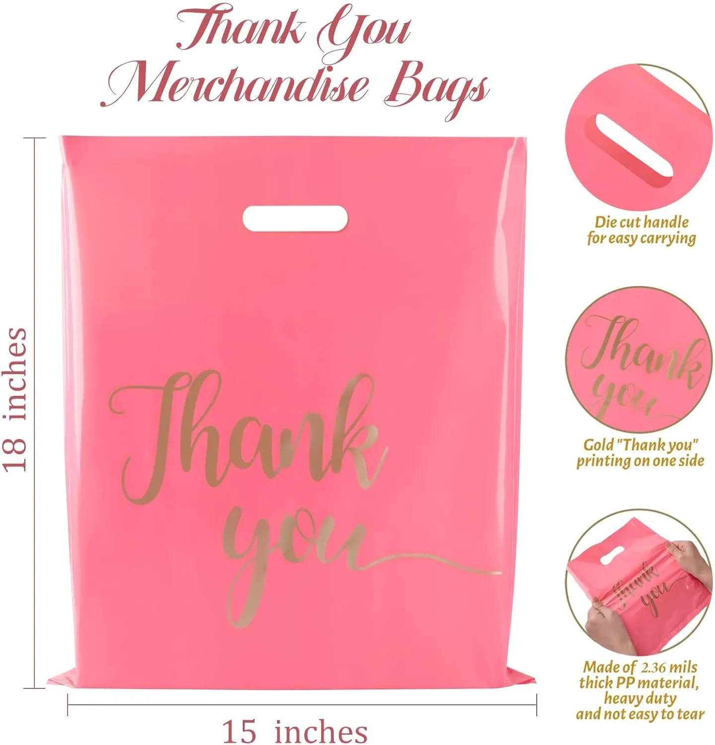 100 Pack Thank You Bags for Small Business, 15 x 18 Inch Plastic Shopping Bags with Handles Retail Merchandise Bag Extra Thick Gift Bag Bulk (Pink)