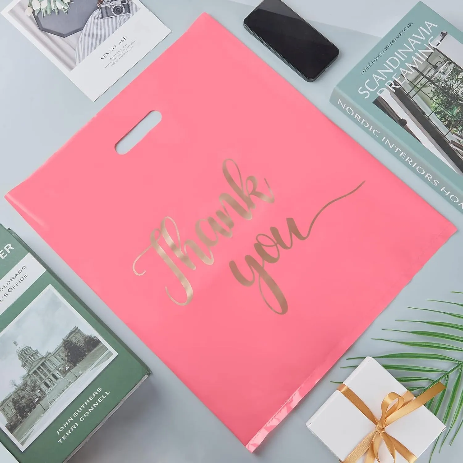 100 Pack Thank You Bags for Small Business, 15 x 18 Inch Plastic Shopping Bags with Handles Retail Merchandise Bag Extra Thick Gift Bag Bulk (Pink)