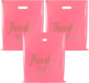 100 Pack Thank You Bags for Small Business, 15 x 18 Inch Plastic Shopping Bags with Handles Retail Merchandise Bag Extra Thick Gift Bag Bulk (Pink)