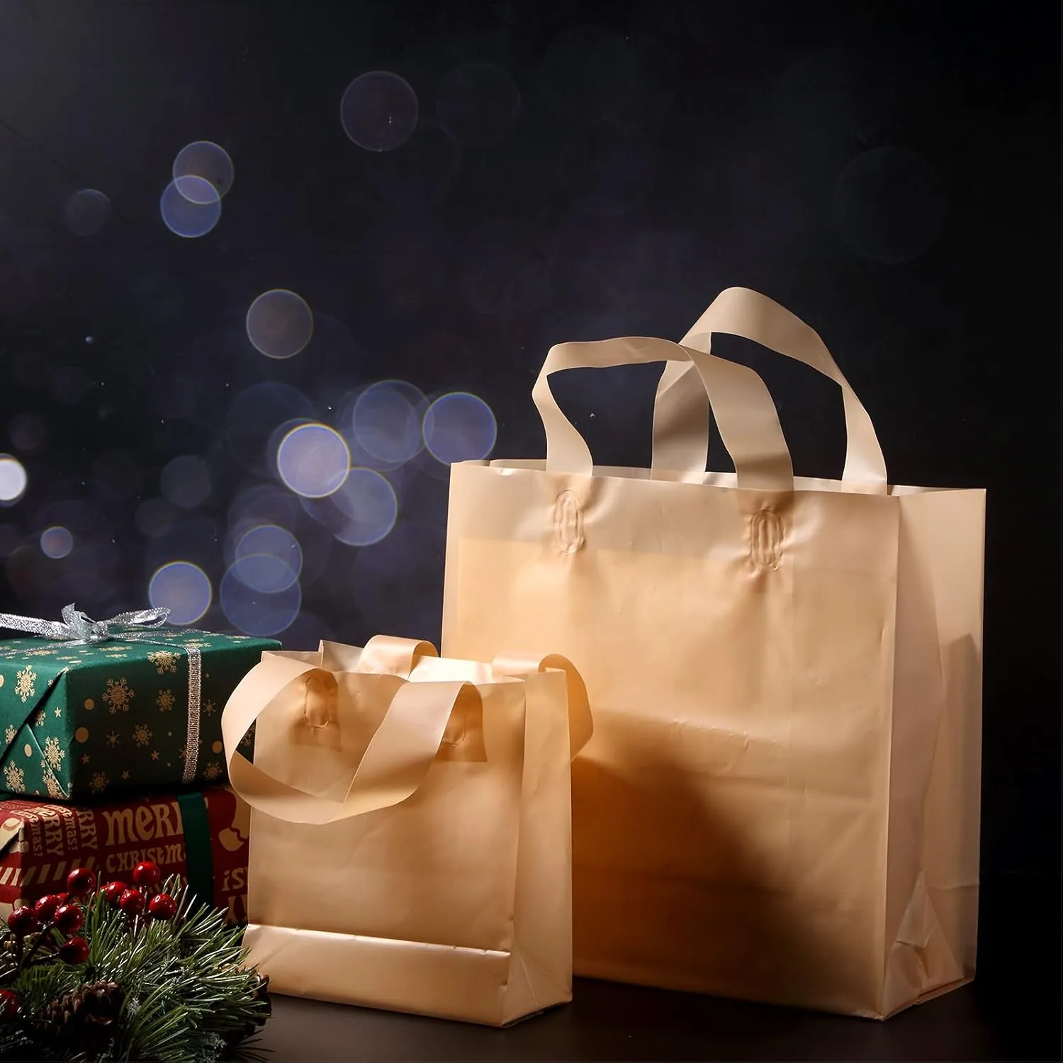 100 Pcs Frosted Plastic Gift Bags with Handles for Small Business Clear Shopping Bags with Cardboard Bottom,4 Sizes