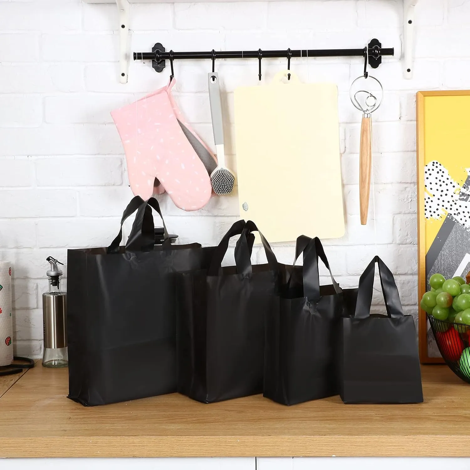 100 Pcs Frosted Plastic Gift Bags with Handles for Small Business Clear Shopping Bags with Cardboard Bottom,4 Sizes