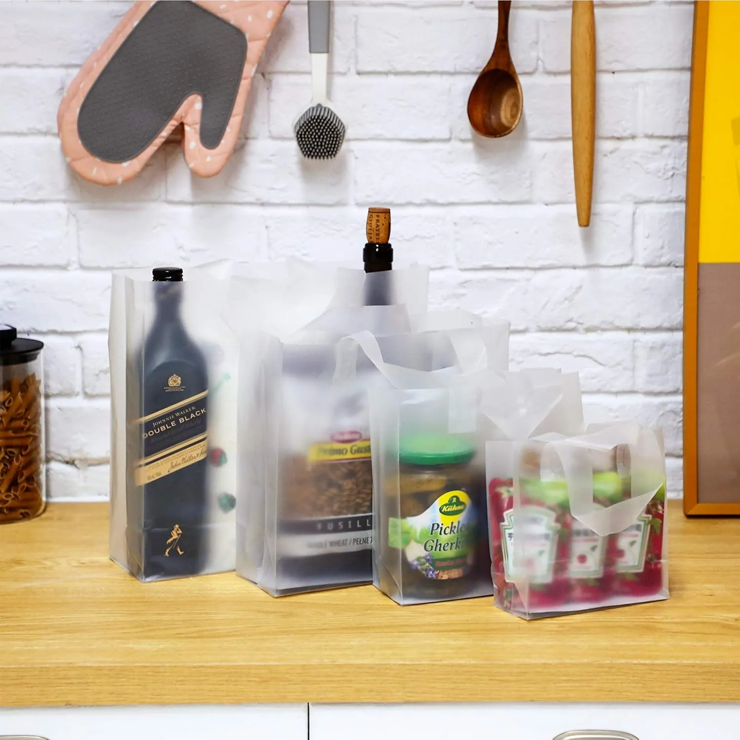 100 Pcs Frosted Plastic Gift Bags with Handles for Small Business Clear Shopping Bags with Cardboard Bottom,4 Sizes