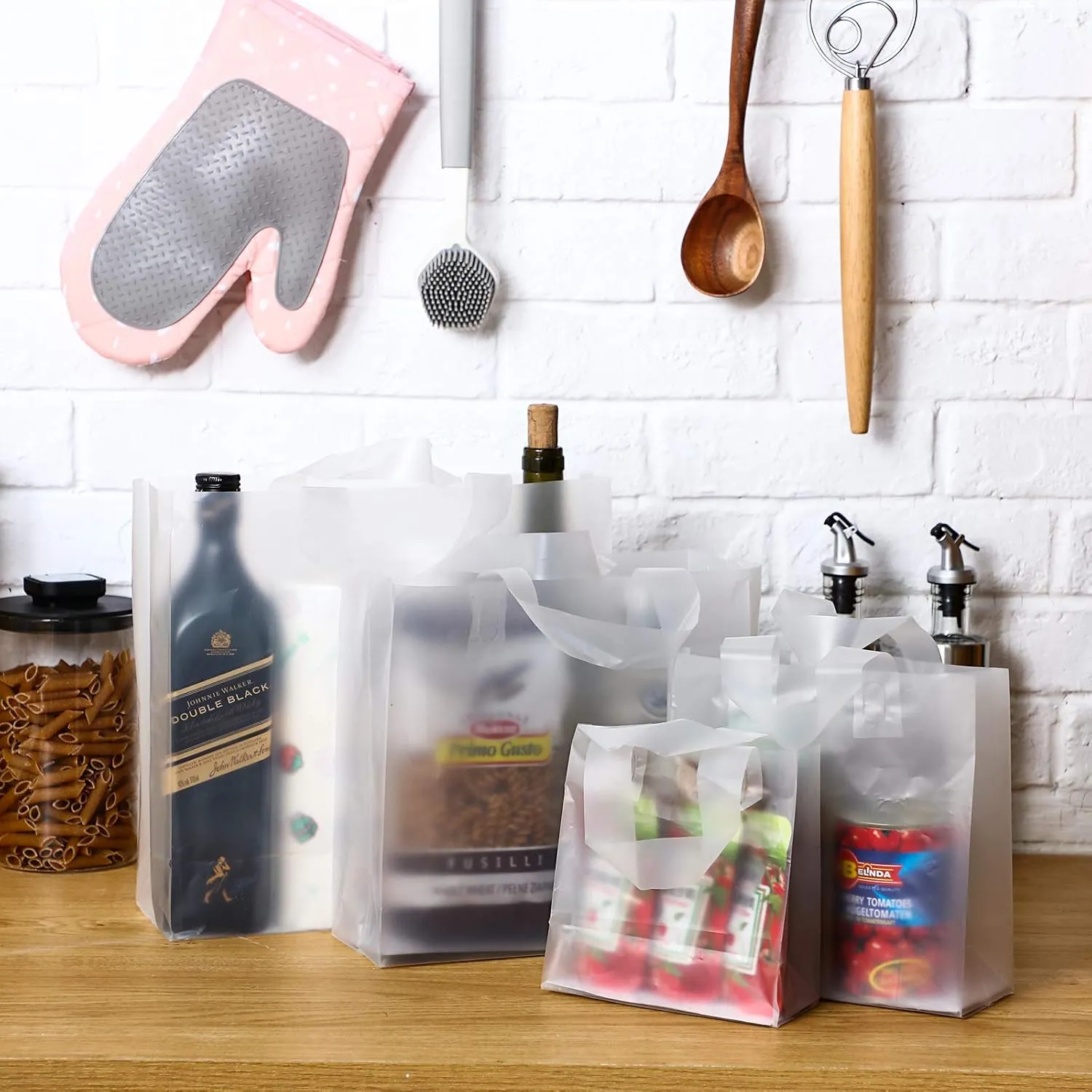 100 Pcs Frosted Plastic Gift Bags with Handles for Small Business Clear Shopping Bags with Cardboard Bottom,4 Sizes