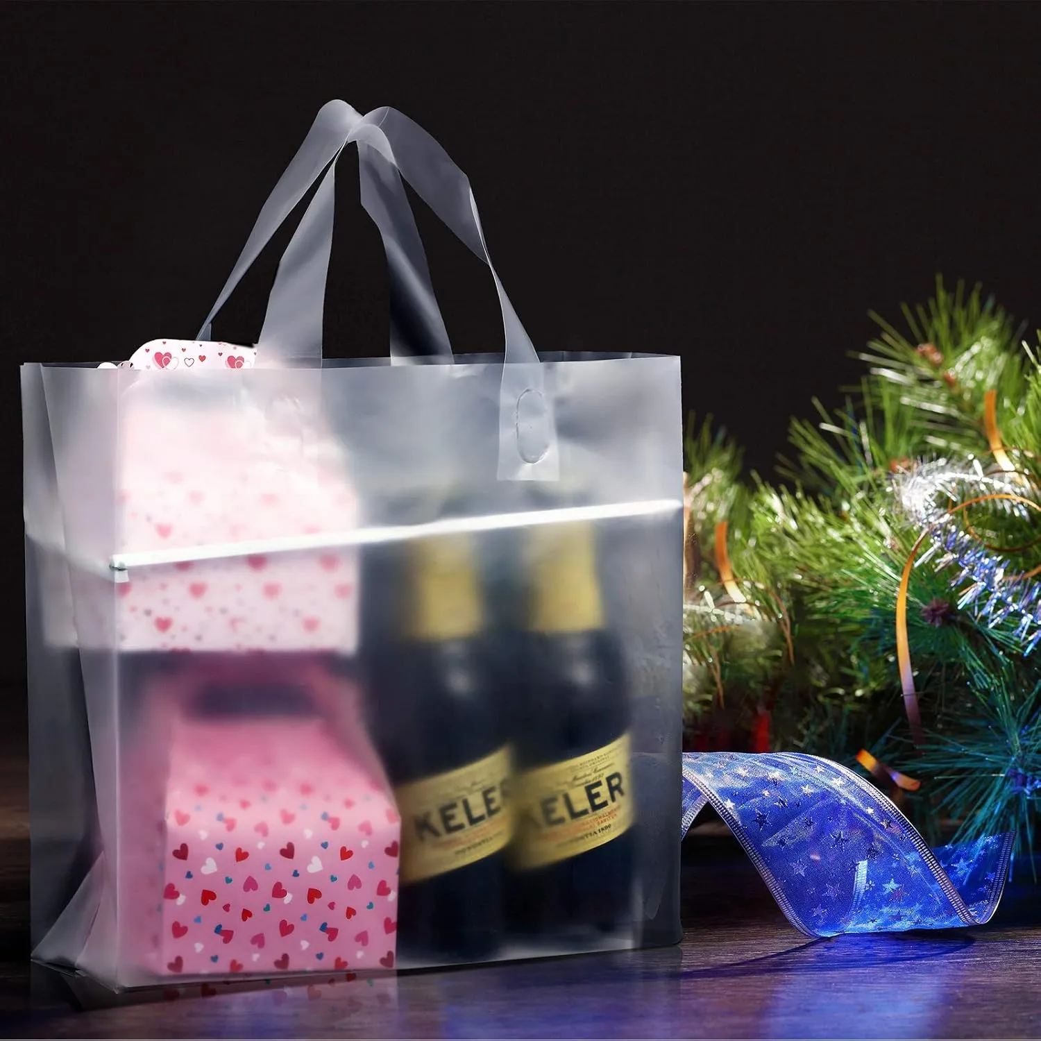 100 Pcs Frosted Plastic Gift Bags with Handles for Small Business Clear Shopping Bags with Cardboard Bottom,4 Sizes