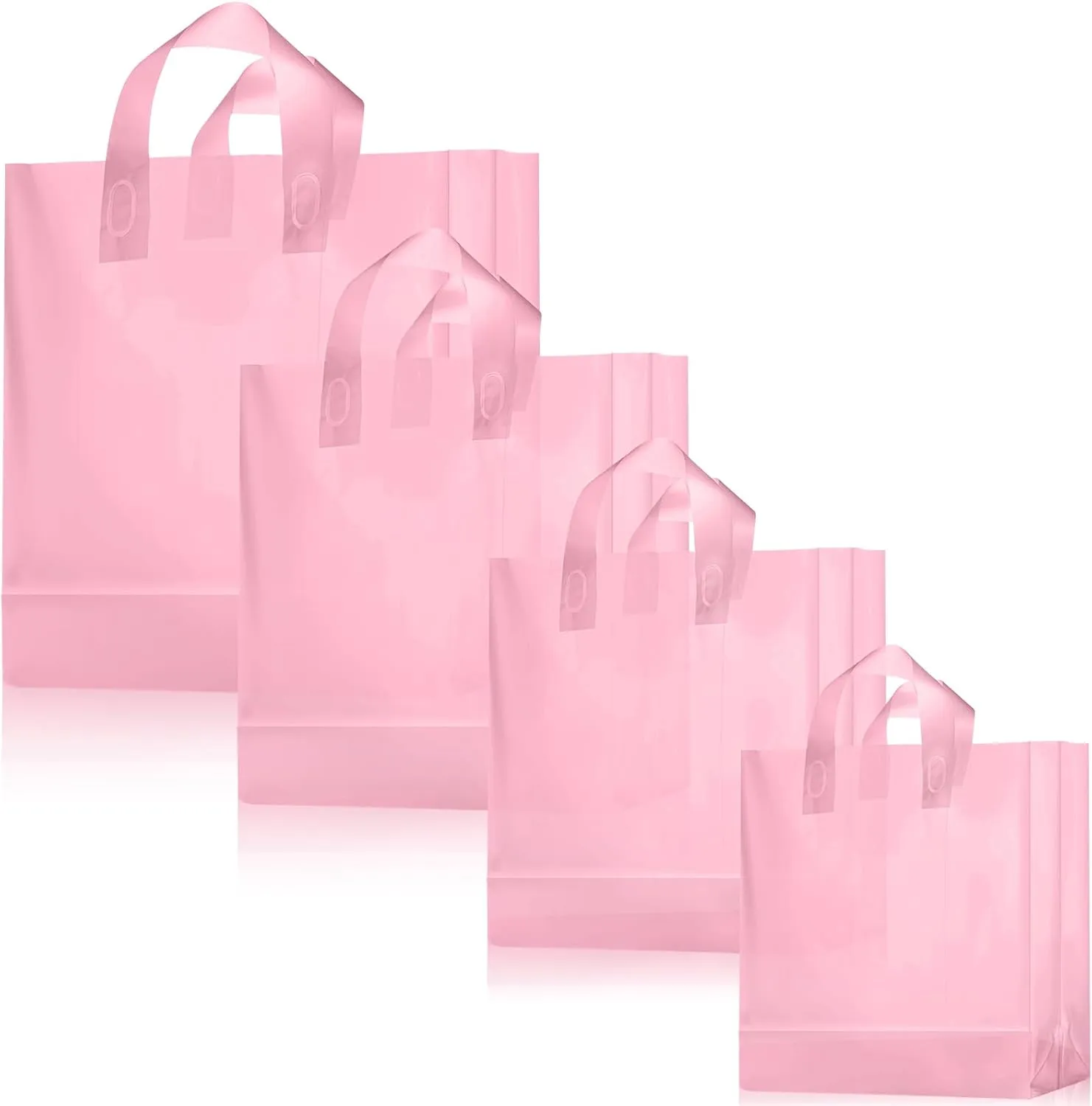 100 Pcs Frosted Plastic Gift Bags with Handles for Small Business Clear Shopping Bags with Cardboard Bottom,4 Sizes