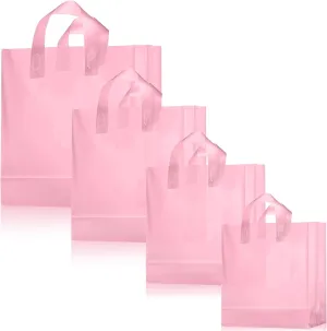 100 Pcs Frosted Plastic Gift Bags with Handles for Small Business Clear Shopping Bags with Cardboard Bottom,4 Sizes