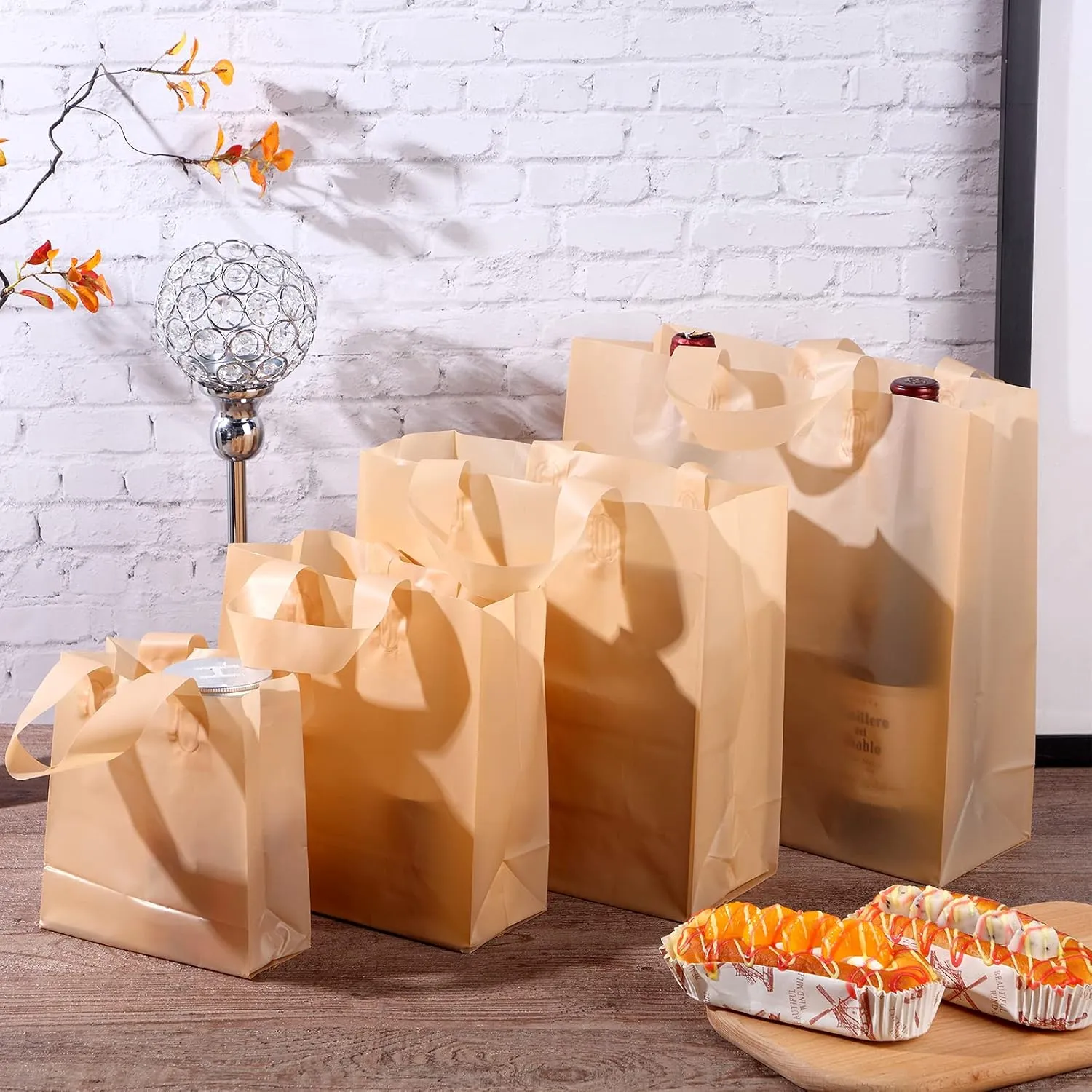 100 Pcs Frosted Plastic Gift Bags with Handles for Small Business Clear Shopping Bags with Cardboard Bottom,4 Sizes