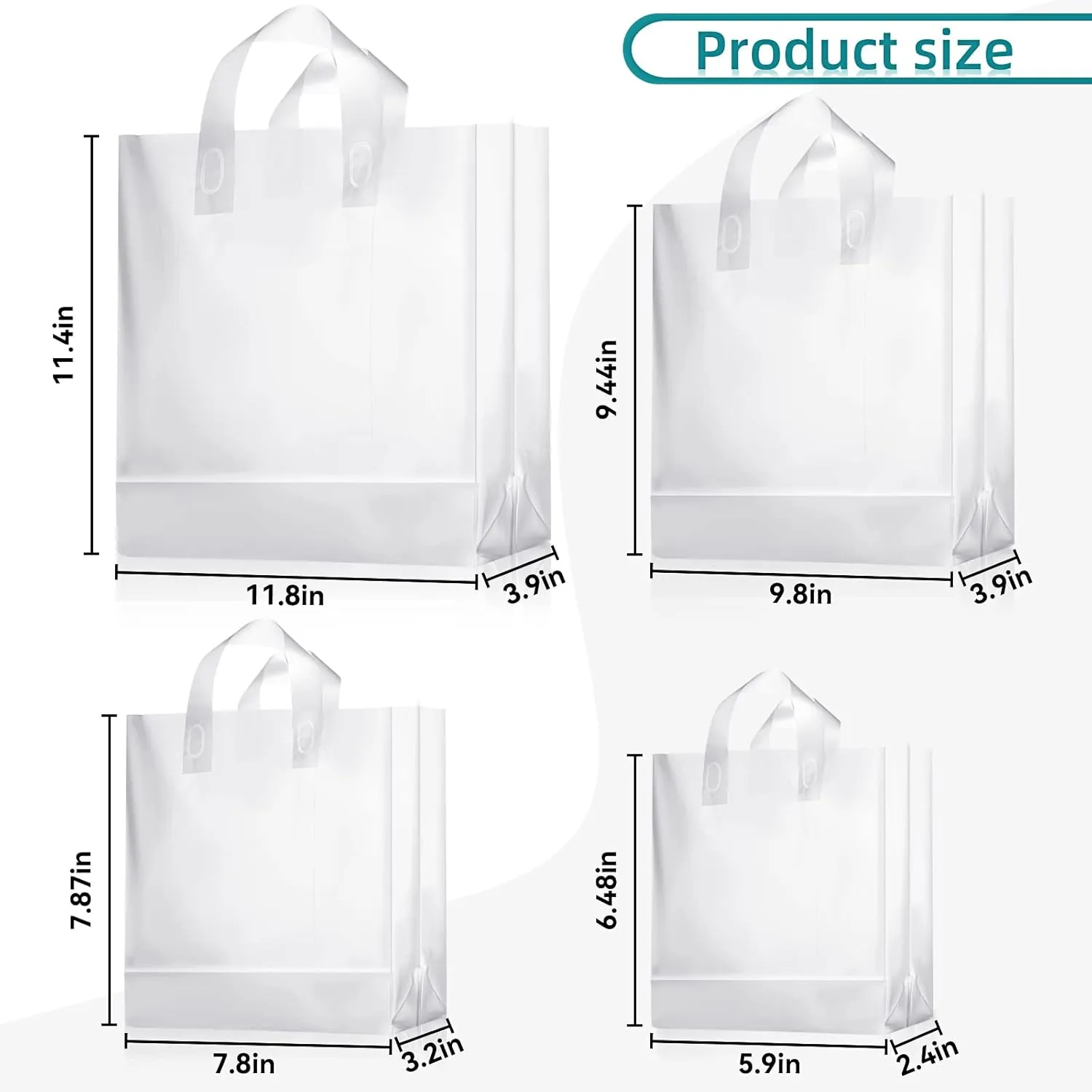 100 Pcs Frosted Plastic Gift Bags with Handles for Small Business Clear Shopping Bags with Cardboard Bottom,4 Sizes