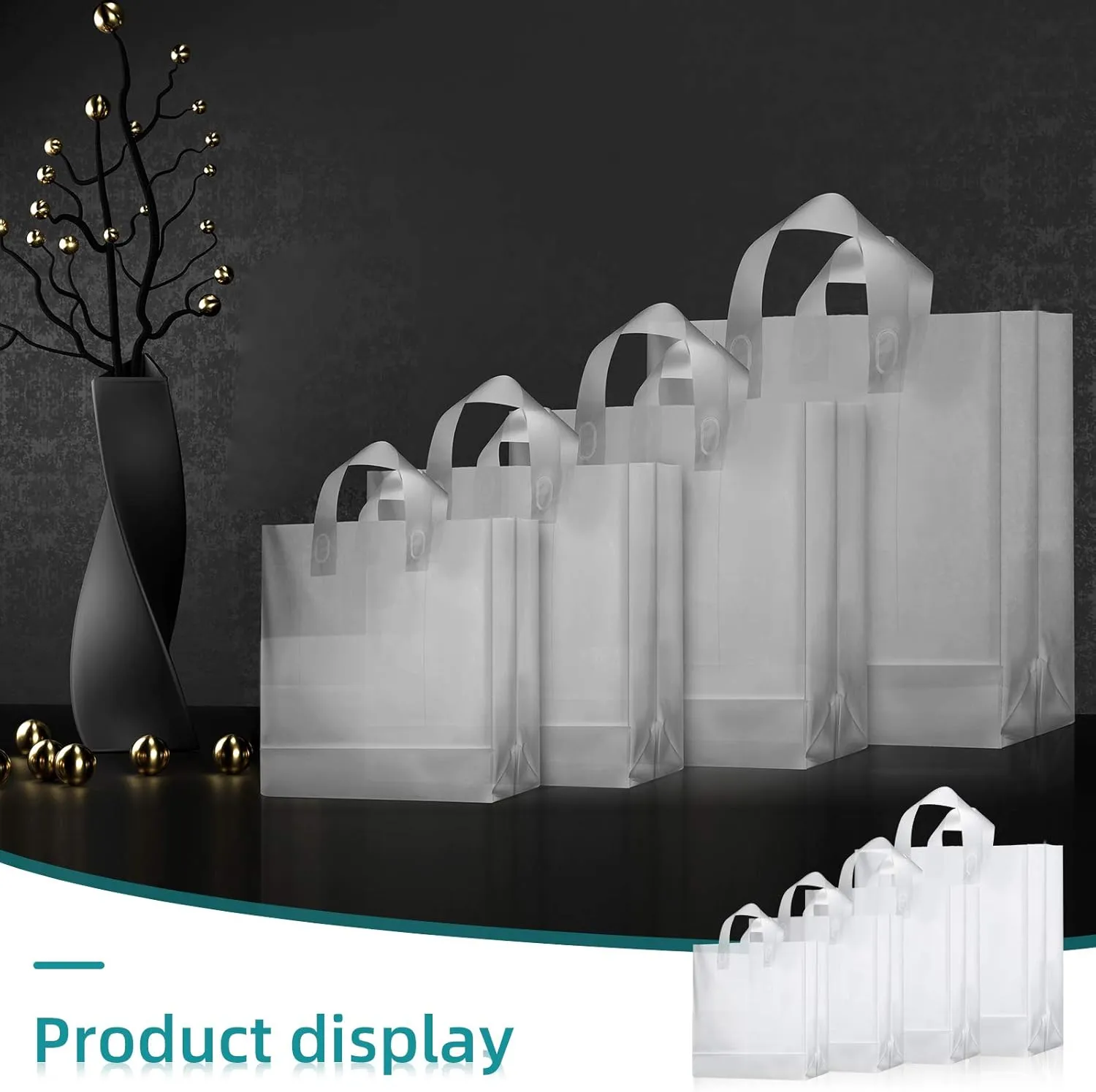 100 Pcs Frosted Plastic Gift Bags with Handles for Small Business Clear Shopping Bags with Cardboard Bottom,4 Sizes