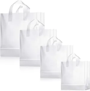 100 Pcs Frosted Plastic Gift Bags with Handles for Small Business Clear Shopping Bags with Cardboard Bottom,4 Sizes