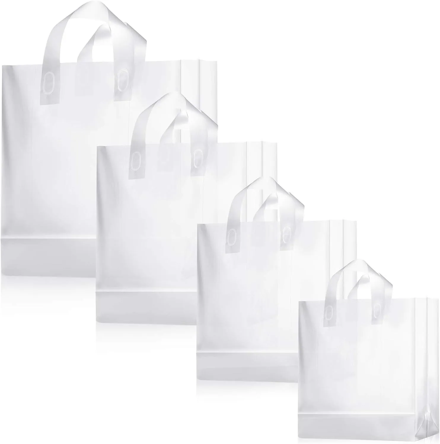 100 Pcs Frosted Plastic Gift Bags with Handles for Small Business Clear Shopping Bags with Cardboard Bottom,4 Sizes