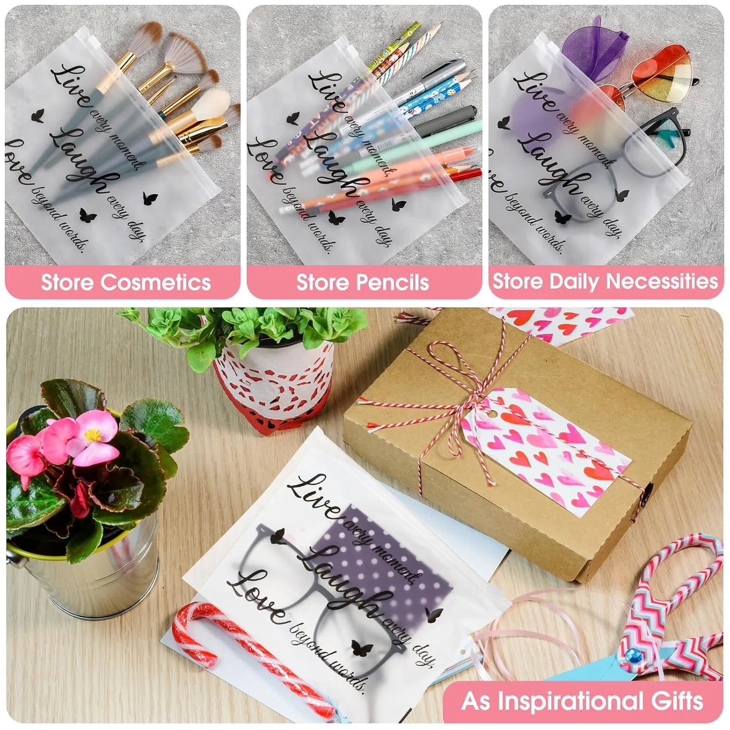 100 Pcs Inspirational Gifts for Girls Women Travel Cheer Makeup Bag Bulk Loved Quotes Cosmetic Bags with Zipper Thank You Encouragement Birthday Gift Bag for Nurse Teacher Friend (Minimalist)