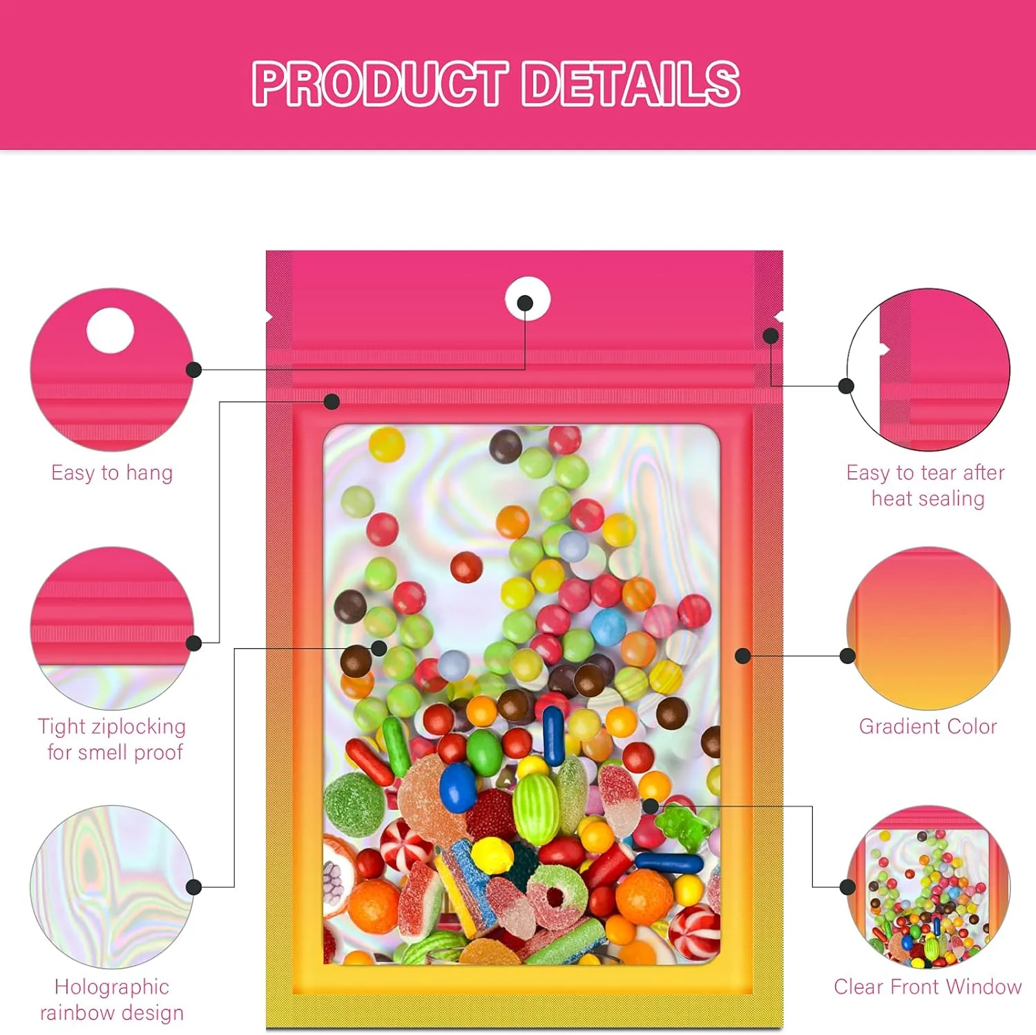100 Pieces Resealable Mylar Ziplock Bags, Holographic Gradient With Clear Window, Packaging Pouch Party Sample (Hot Pink&Orange, 4.1x5.9 Inch)