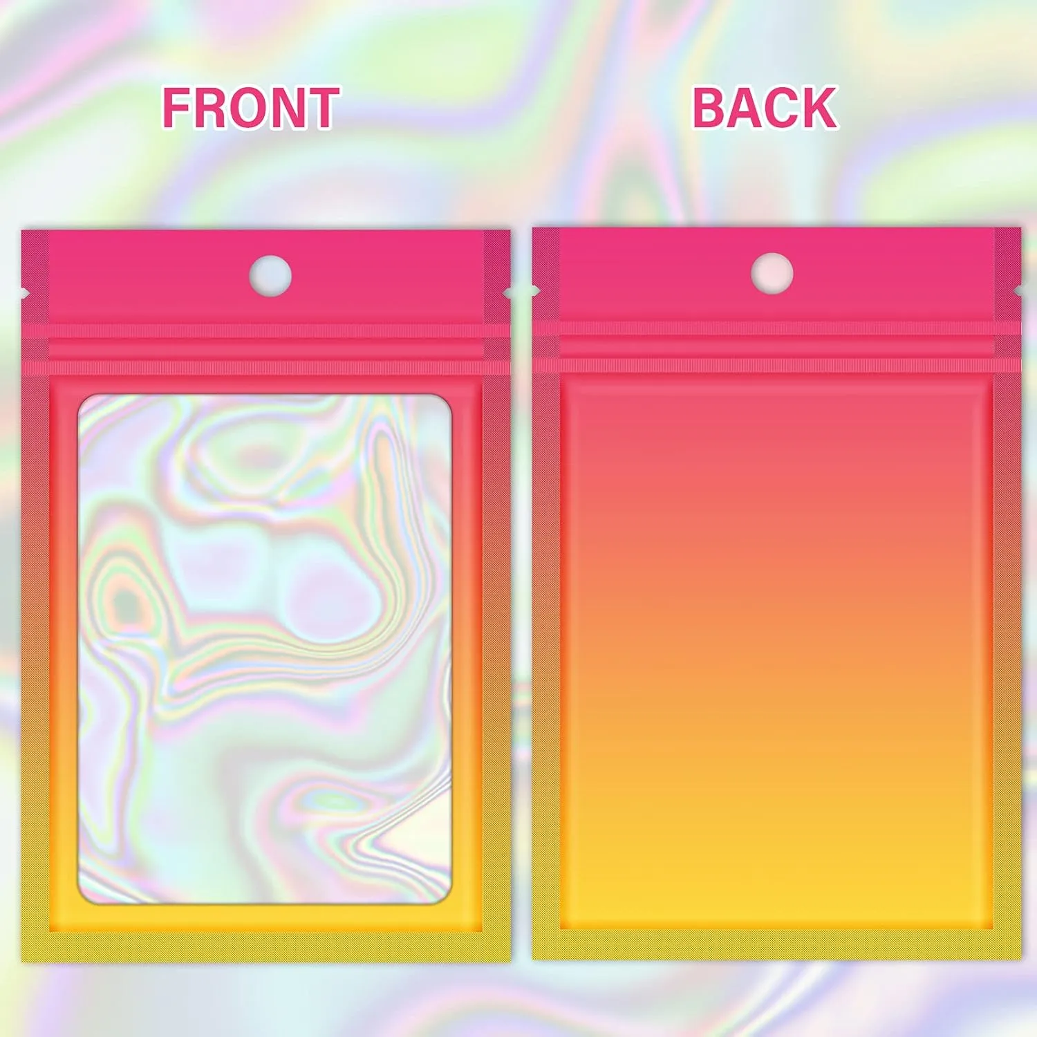 100 Pieces Resealable Mylar Ziplock Bags, Holographic Gradient With Clear Window, Packaging Pouch Party Sample (Hot Pink&Orange, 4.1x5.9 Inch)