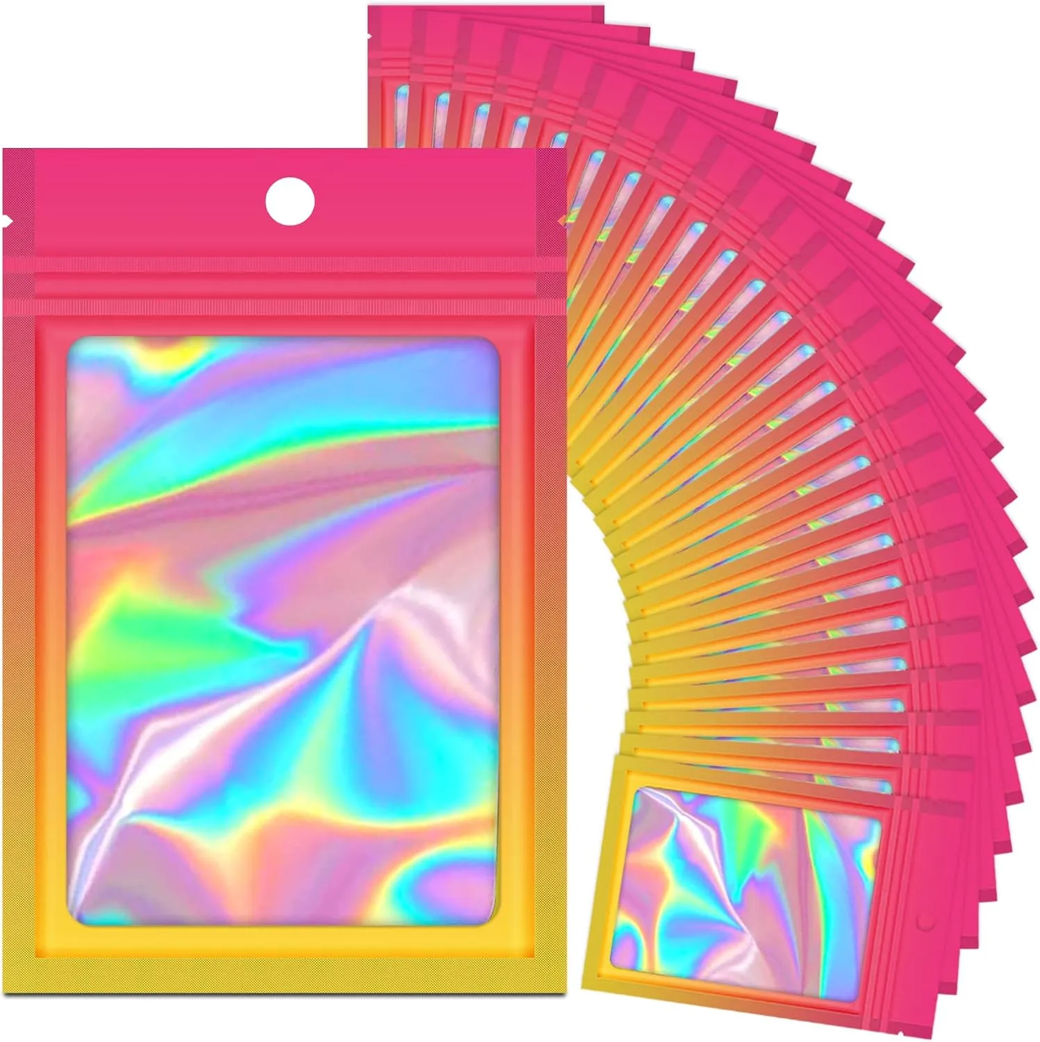 100 Pieces Resealable Mylar Ziplock Bags, Holographic Gradient With Clear Window, Packaging Pouch Party Sample (Hot Pink&Orange, 4.1x5.9 Inch)