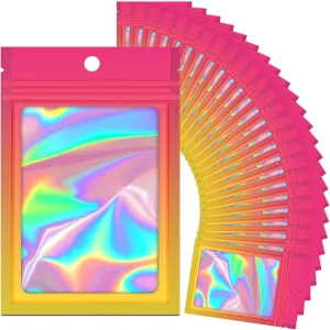 100 Pieces Resealable Mylar Ziplock Bags, Holographic Gradient With Clear Window, Packaging Pouch Party Sample (Hot Pink&Orange, 4.1x5.9 Inch)