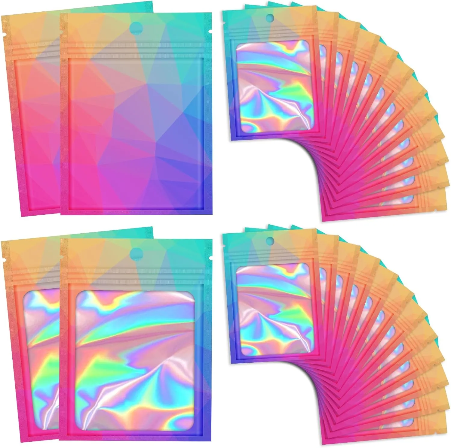 100 Resealable Bags with Clear Window, Holographic Gradient Packaging - Transparent Small Business Pouch Party Mylar Ziplock Sample Bags (Multicolor, 4.7x7.8 Inch)