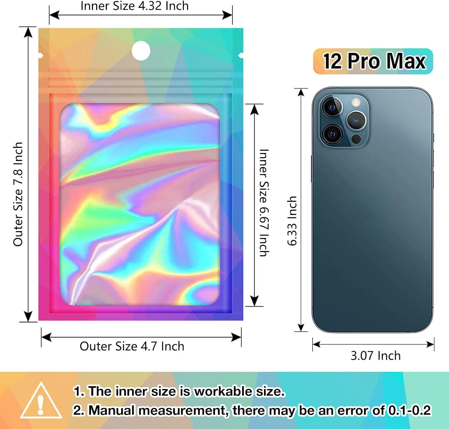 100 Resealable Bags with Clear Window, Holographic Gradient Packaging - Transparent Small Business Pouch Party Mylar Ziplock Sample Bags (Multicolor, 4.7x7.8 Inch)