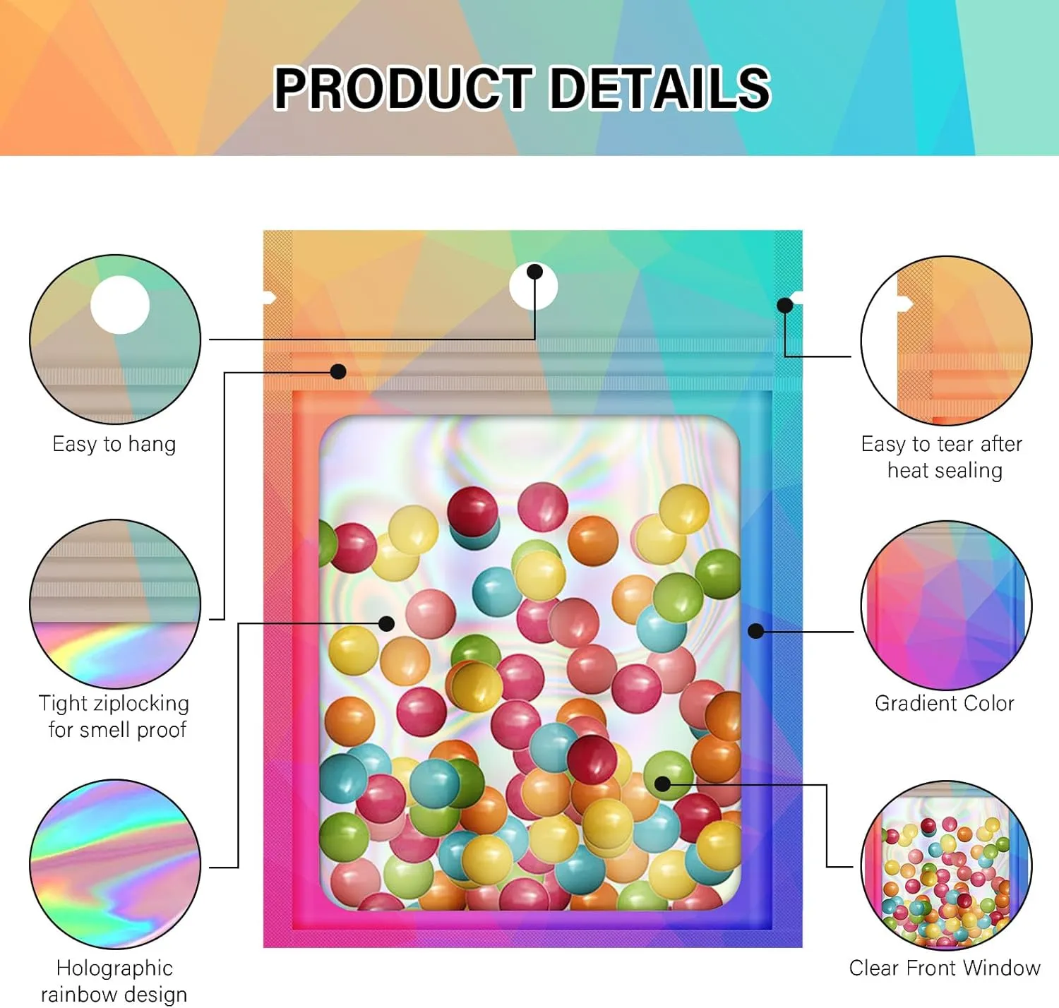 100 Resealable Bags with Clear Window, Holographic Gradient Packaging - Transparent Small Business Pouch Party Mylar Ziplock Sample Bags (Multicolor, 4.7x7.8 Inch)