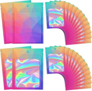 100 Resealable Bags with Clear Window, Holographic Gradient Packaging - Transparent Small Business Pouch Party Mylar Ziplock Sample Bags (Multicolor, 4.7x7.8 Inch)