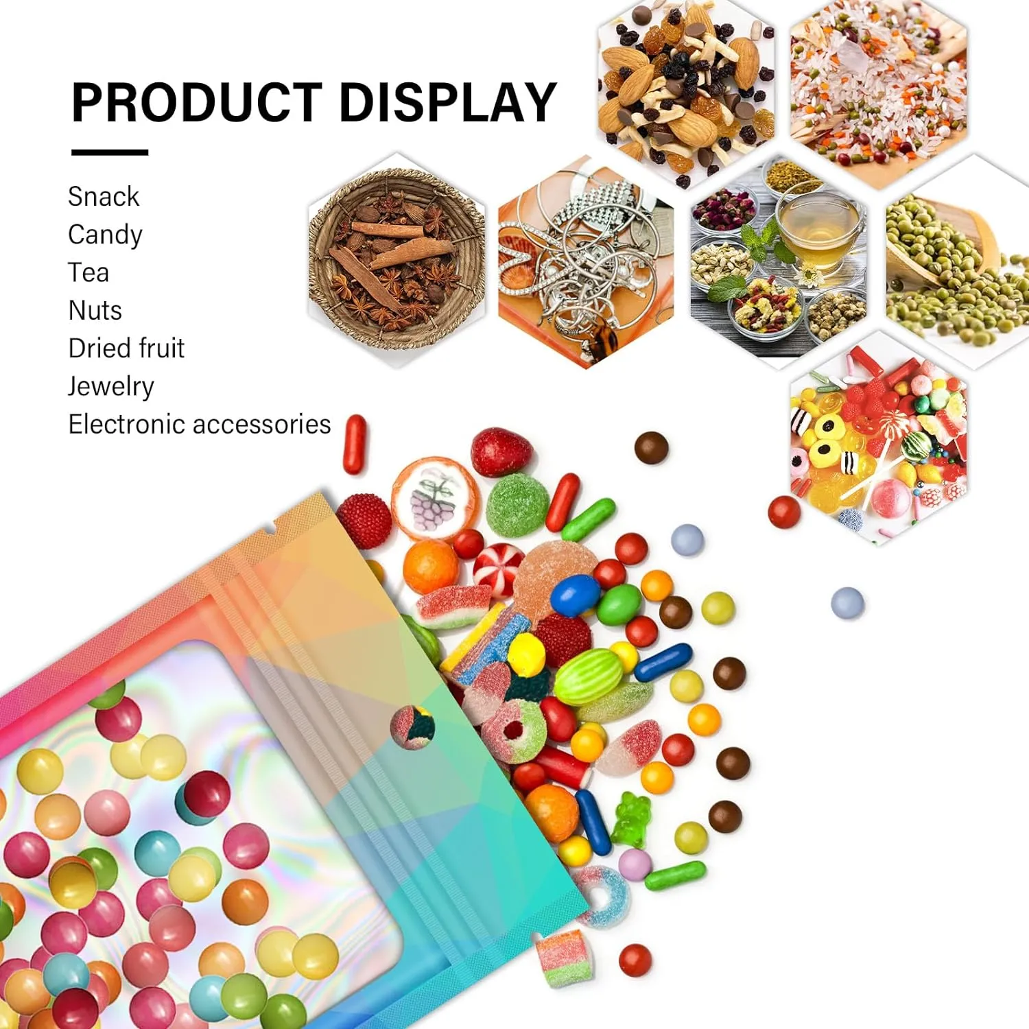 100 Resealable Bags with Clear Window, Holographic Gradient Packaging - Transparent Small Business Pouch Party Mylar Ziplock Sample Bags (Multicolor, 4.7x7.8 Inch)