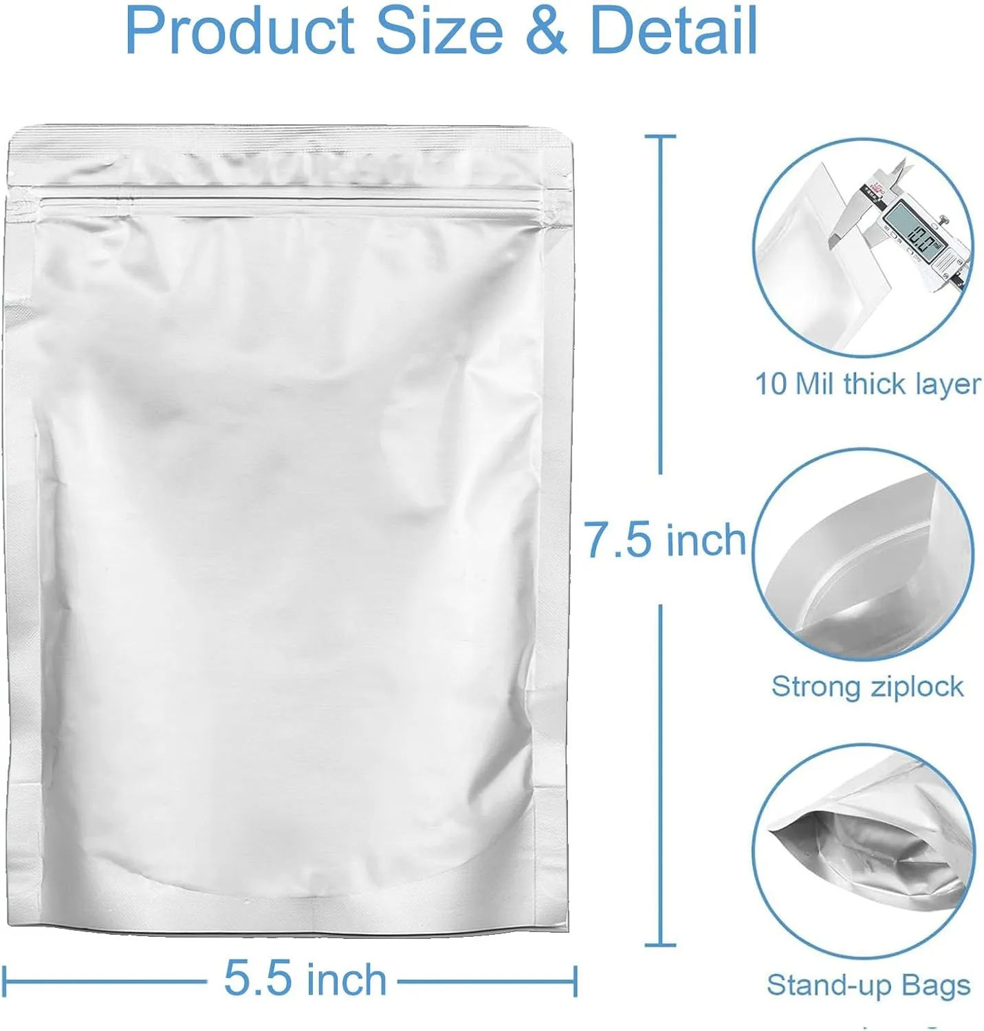 100pcs 1 Pint Mylar Bags - Thick 10 Mil - 5.5"x7.5" Stand Up Zipper Pouches Bags, Resealable and Heat Sealable Vacuum Sealing Bag for Long Term Food Storage