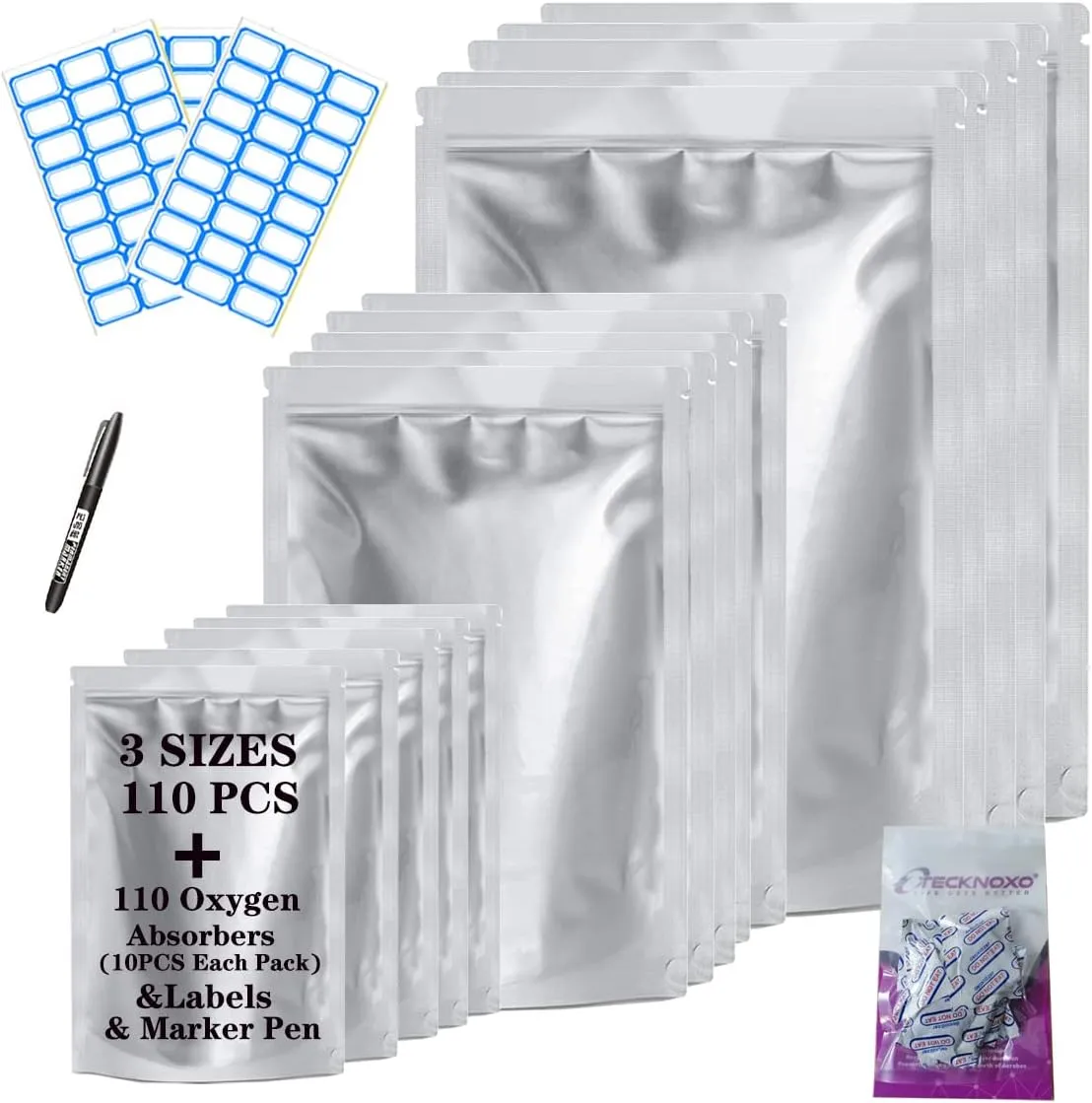 110 Mylar Bags 300cc Oxygen Absorbers Heat Sealable Ziplock Food Grade Mylar Bag 1 Gallon 4 Mil 10" x14” 6"x9" 4"x6" BPA Free Long Term Dry Storage Grains Wheat Rice Odor Light Smell Proof