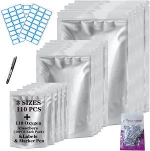 110 Mylar Bags 300cc Oxygen Absorbers Heat Sealable Ziplock Food Grade Mylar Bag 1 Gallon 4 Mil 10" x14” 6"x9" 4"x6" BPA Free Long Term Dry Storage Grains Wheat Rice Odor Light Smell Proof