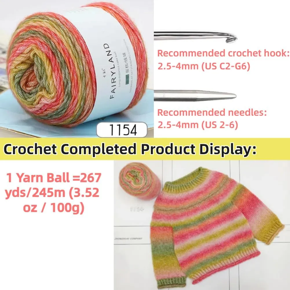 1154B Rainbow Gradient Yarn - 60% Cotton, 30% Acrylic, 10% Wool Blend - Soft Cake Yarn for Crochet Scarves, Shawls & Garments (3 Balls, 100g Each)