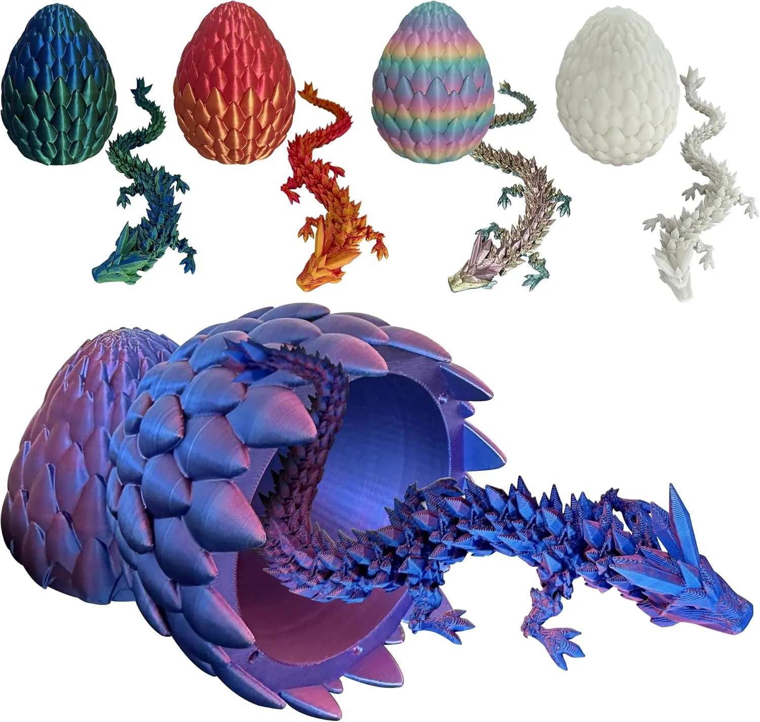 12-inch Gradient 3D Printed Dragon in Egg with Scale Movable Articulated Crystal Dragon3d Molding Legendary Dragon Home Office Decor or Desk Toys to Relieve Boredom (White)