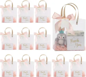 12 Pack Clear Plastic Gift Bags with Handles,Party Favor Bags with Pink Ribbons and Tags,Reusable Frosted Tote for Candy,Wedding Baby Shower Valentine's Day 7.9" x 7.9" x 3.1"