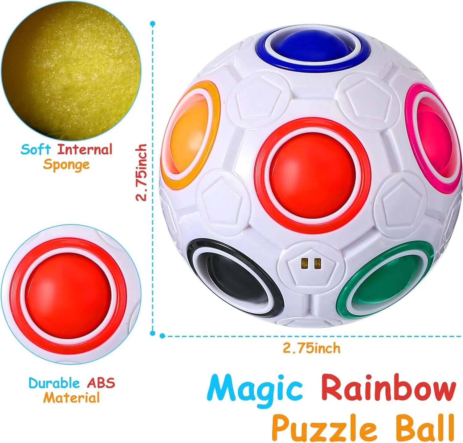 12 Pack Rainbow Puzzle Ball Magic With 2 Pcs Pouches Fidget Toy for Boys and Girls Speed Cube Funny Stress Reliever for Kids Teen and Adults (White, Blue)