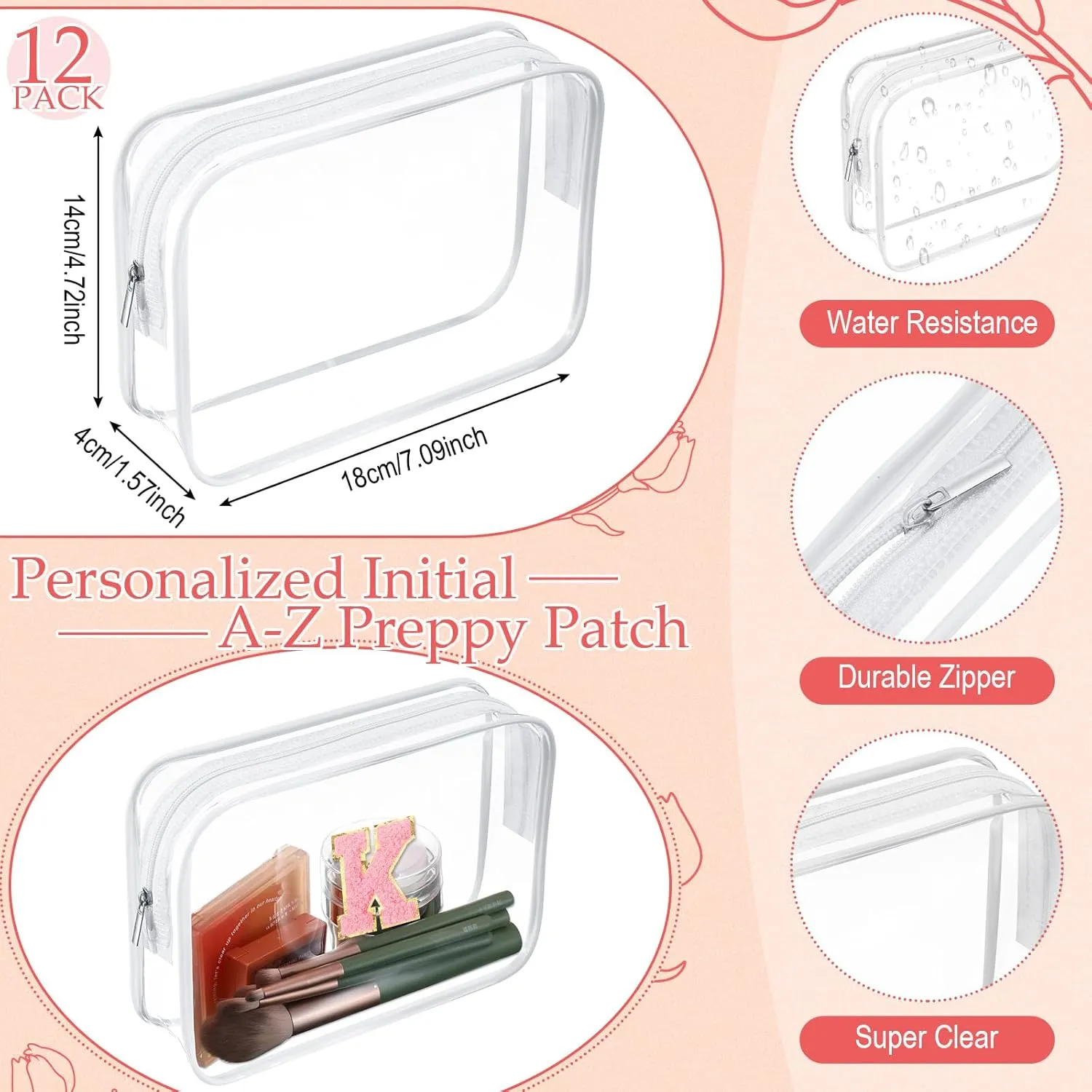 12 Personalized Initial A-z Preppy Patch Clear Makeup Bag Initial Letter Beach Travel Toiletry Cosmetic PVC Bag DIY Chenille Sew Letter Patches End of the Year Gifts(White, Multicolor Letters)