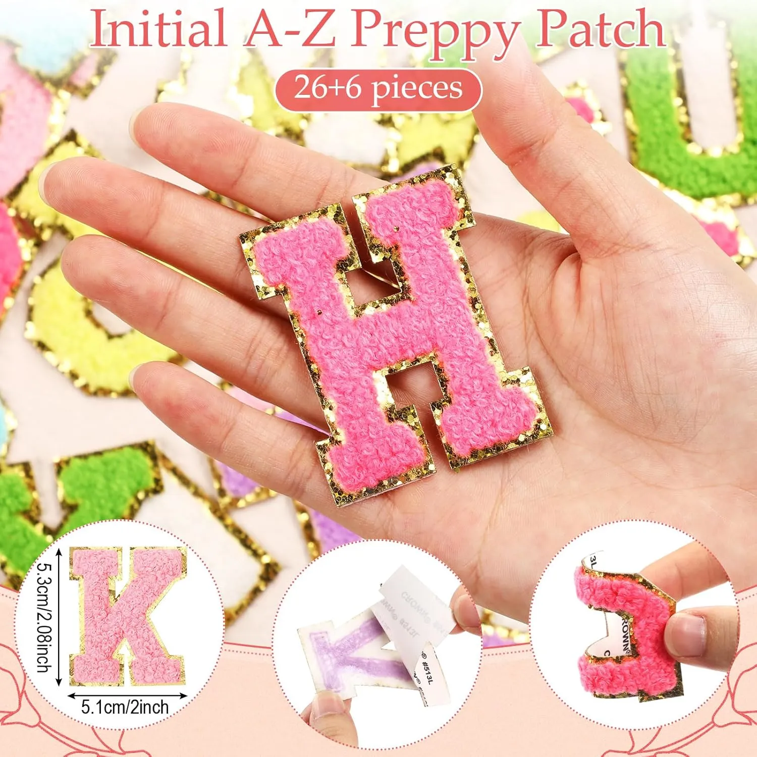 12 Personalized Initial A-z Preppy Patch Clear Makeup Bag Initial Letter Beach Travel Toiletry Cosmetic PVC Bag DIY Chenille Sew Letter Patches End of the Year Gifts(White, Multicolor Letters)